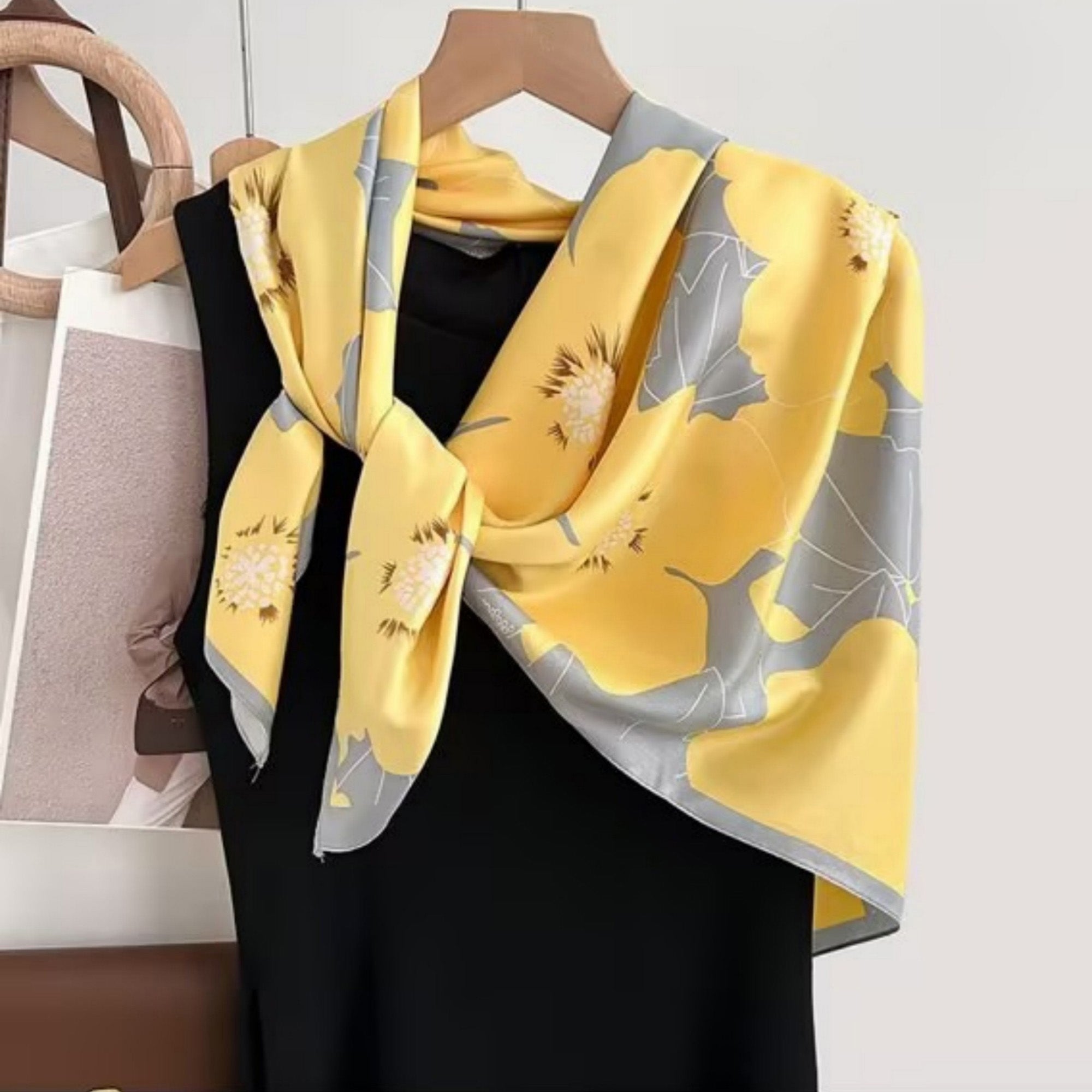 Anna-Kaci Women's Square Floral Print Satin Scarf with Bold Leaf Pattern and Smooth Silky Finish