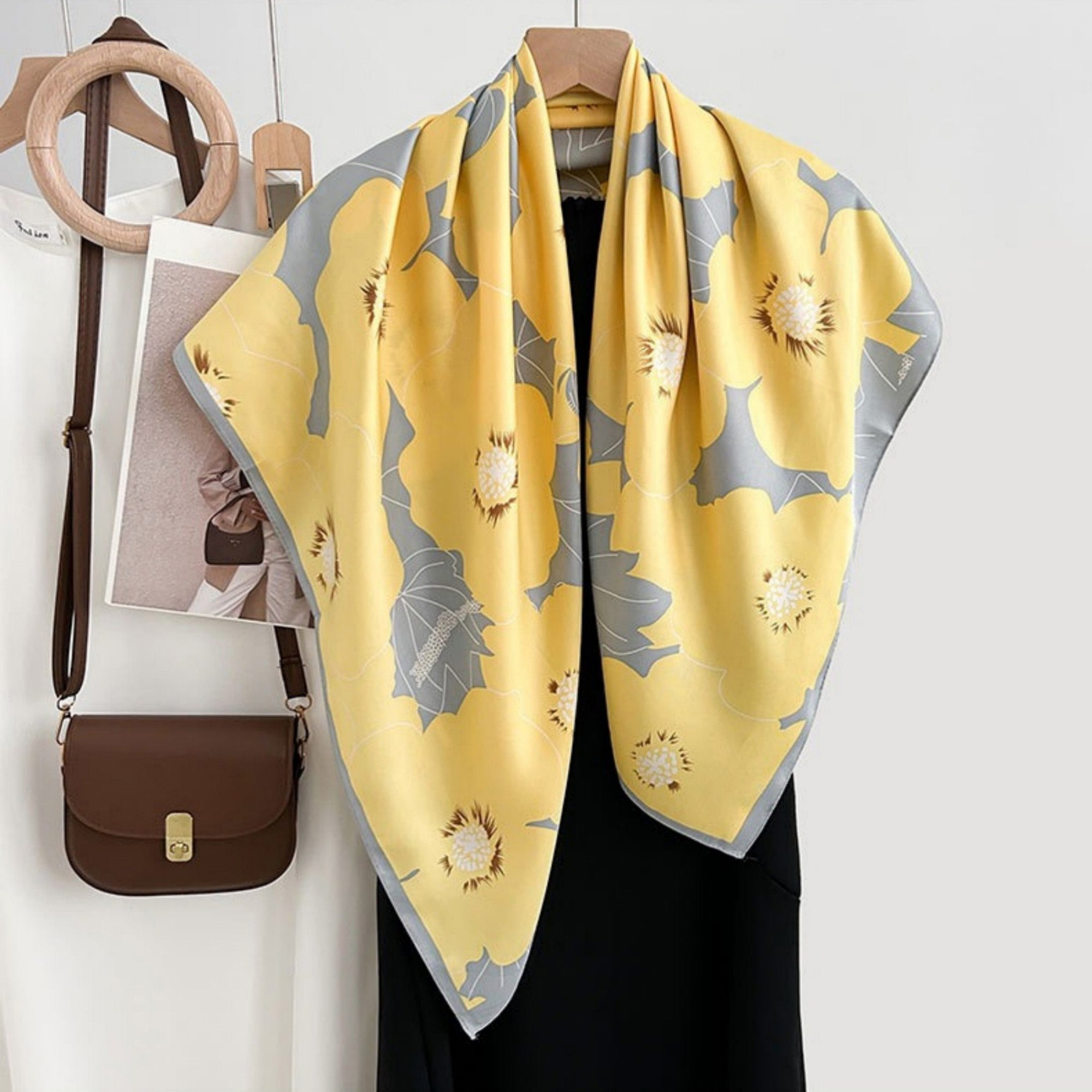 Anna-Kaci Women's Square Floral Print Satin Scarf with Bold Leaf Pattern and Smooth Silky Finish