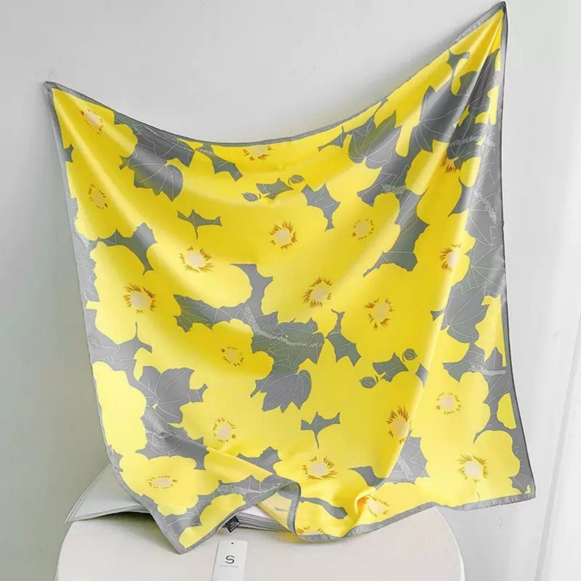 Anna-Kaci Women's Square Floral Print Satin Scarf with Bold Leaf Pattern and Smooth Silky Finish