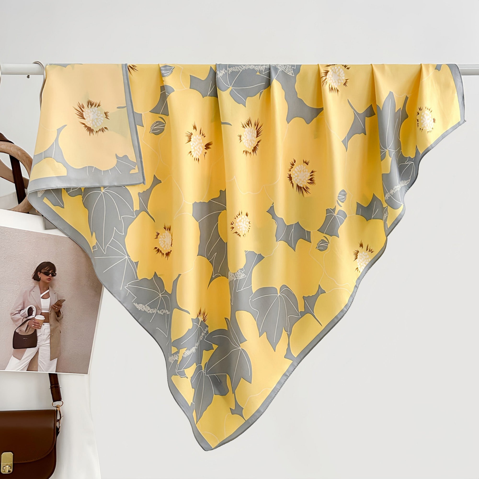 Anna-Kaci Women's Square Floral Print Satin Scarf with Bold Leaf Pattern and Smooth Silky Finish