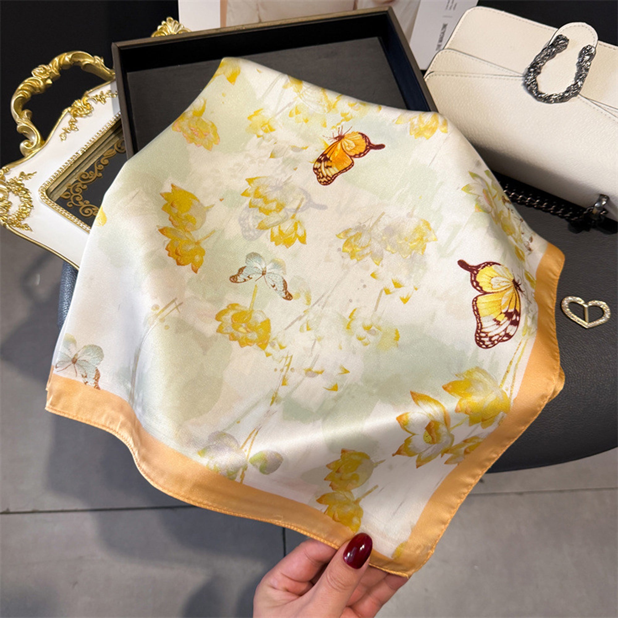 Anna-Kaci Women's Satin Square Scarf with Butterfly and Floral Print Lightweight Silky Neck Head or Bag Accessory