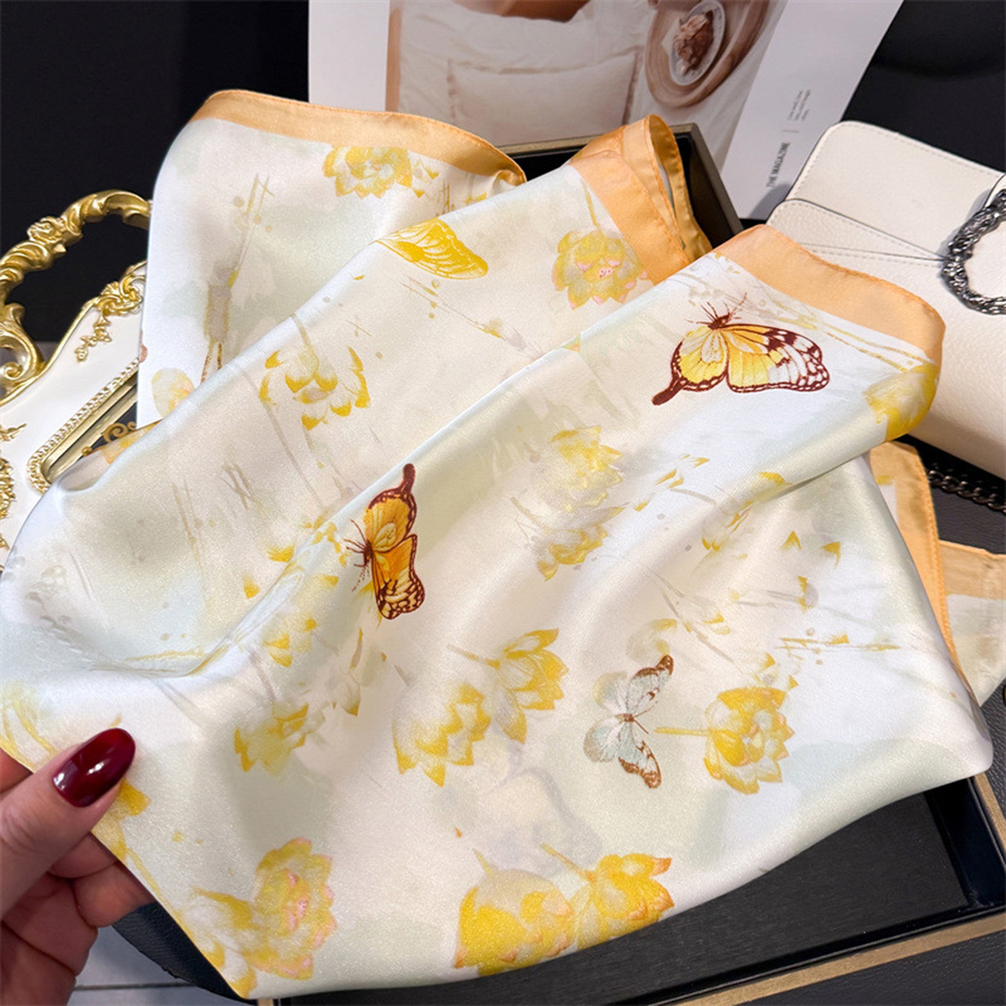 Anna-Kaci Women's Satin Square Scarf with Butterfly and Floral Print Lightweight Silky Neck Head or Bag Accessory