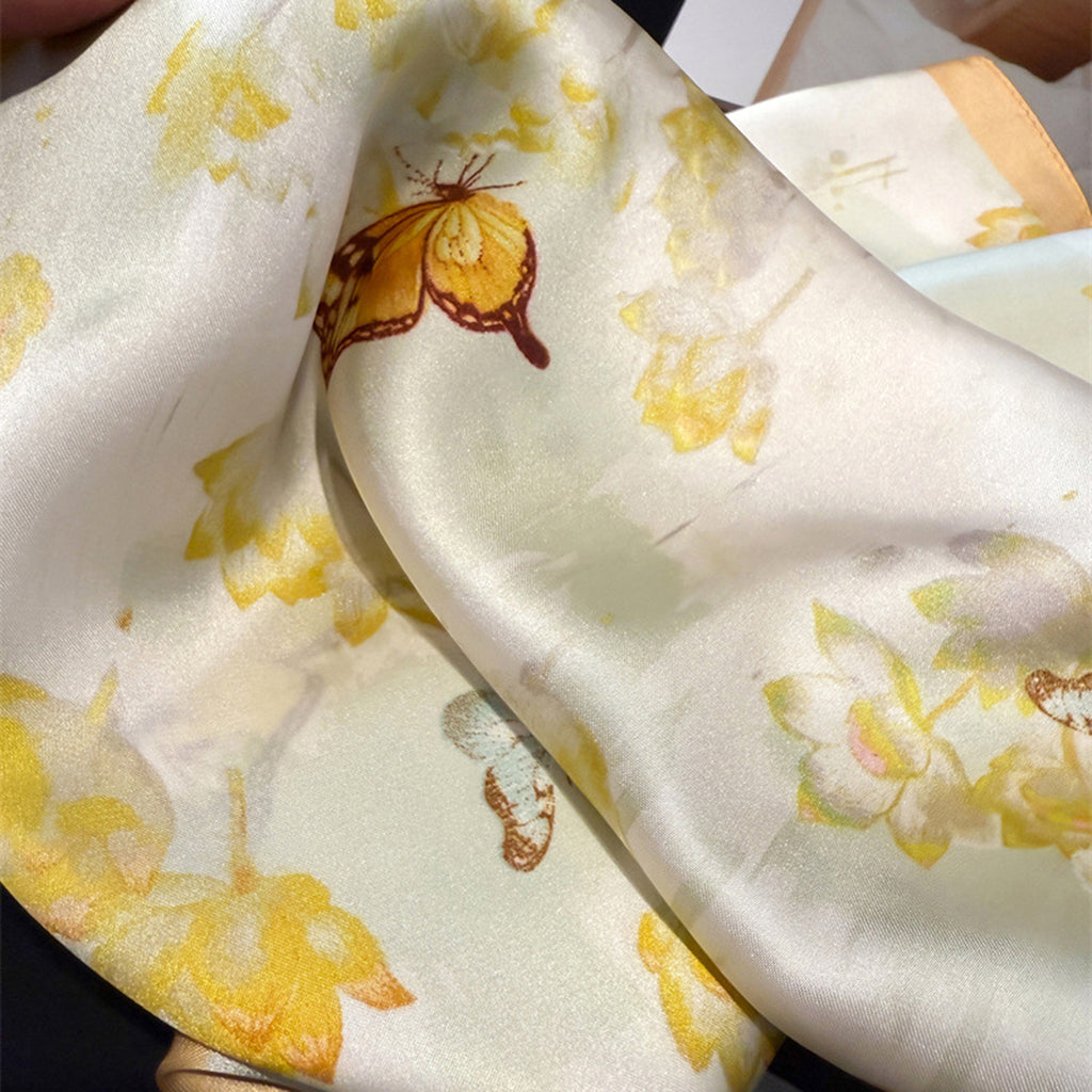 Anna-Kaci Women's Satin Square Scarf with Butterfly and Floral Print Lightweight Silky Neck Head or Bag Accessory