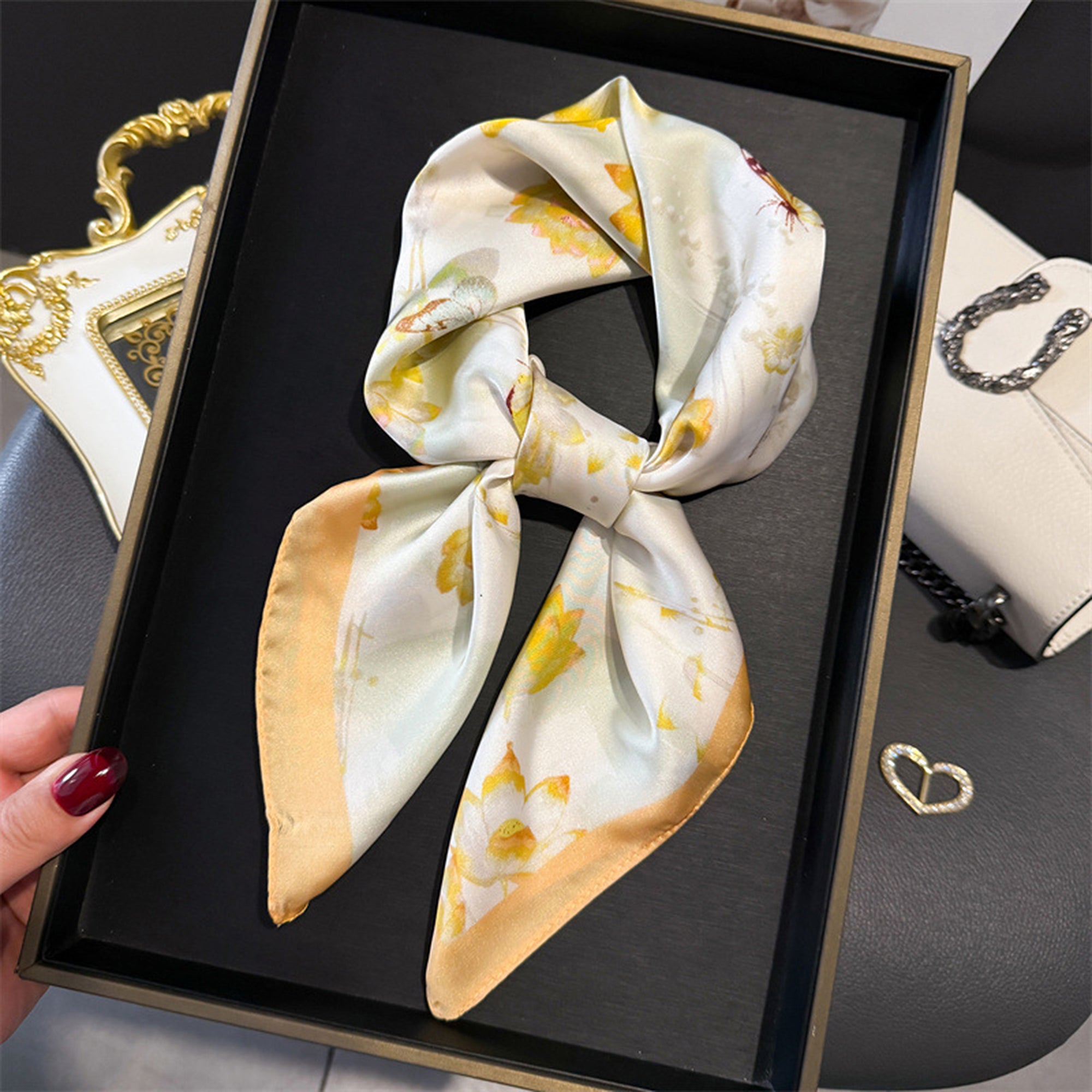 Anna-Kaci Women's Satin Square Scarf with Butterfly and Floral Print Lightweight Silky Neck Head or Bag Accessory
