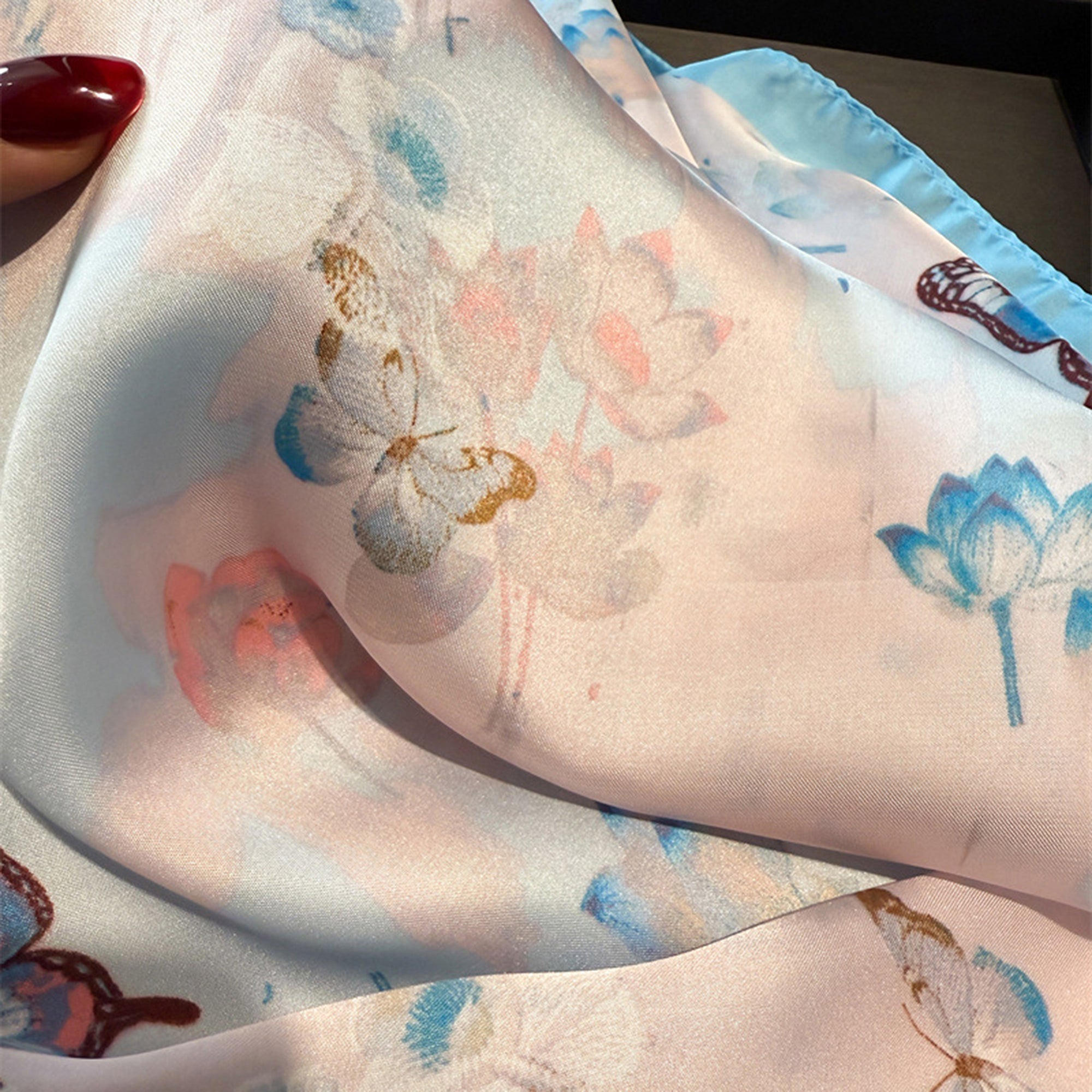 Anna-Kaci Women's Satin Square Scarf with Butterfly and Floral Print Lightweight Silky Neck Head or Bag Accessory