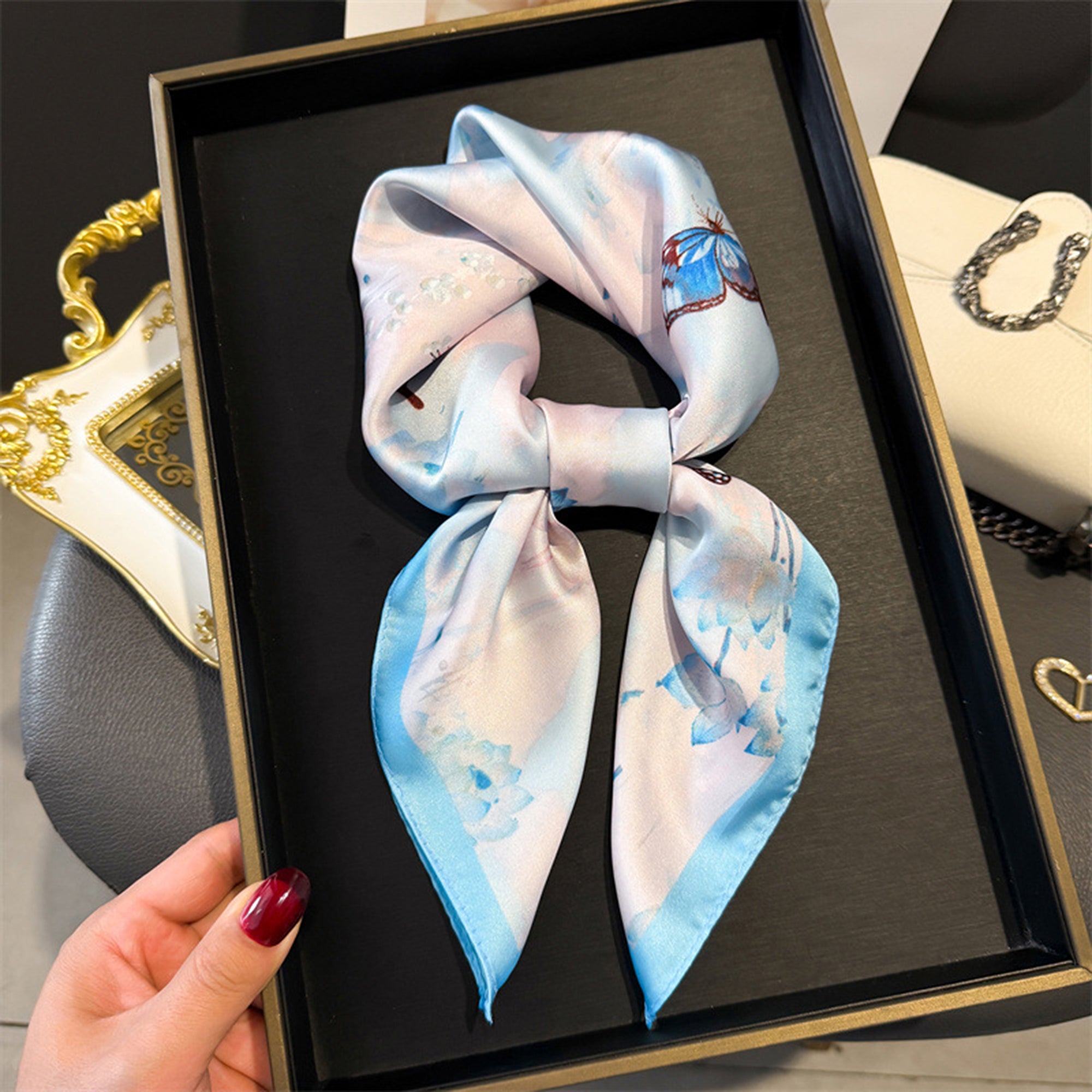Anna-Kaci Women's Satin Square Scarf with Butterfly and Floral Print Lightweight Silky Neck Head or Bag Accessory