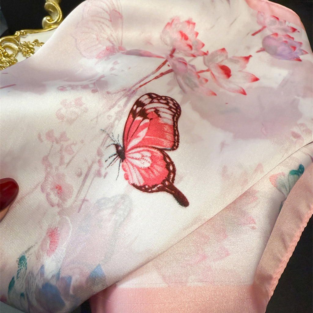 Anna-Kaci Women's Satin Square Scarf with Butterfly and Floral Print Lightweight Silky Neck Head or Bag Accessory