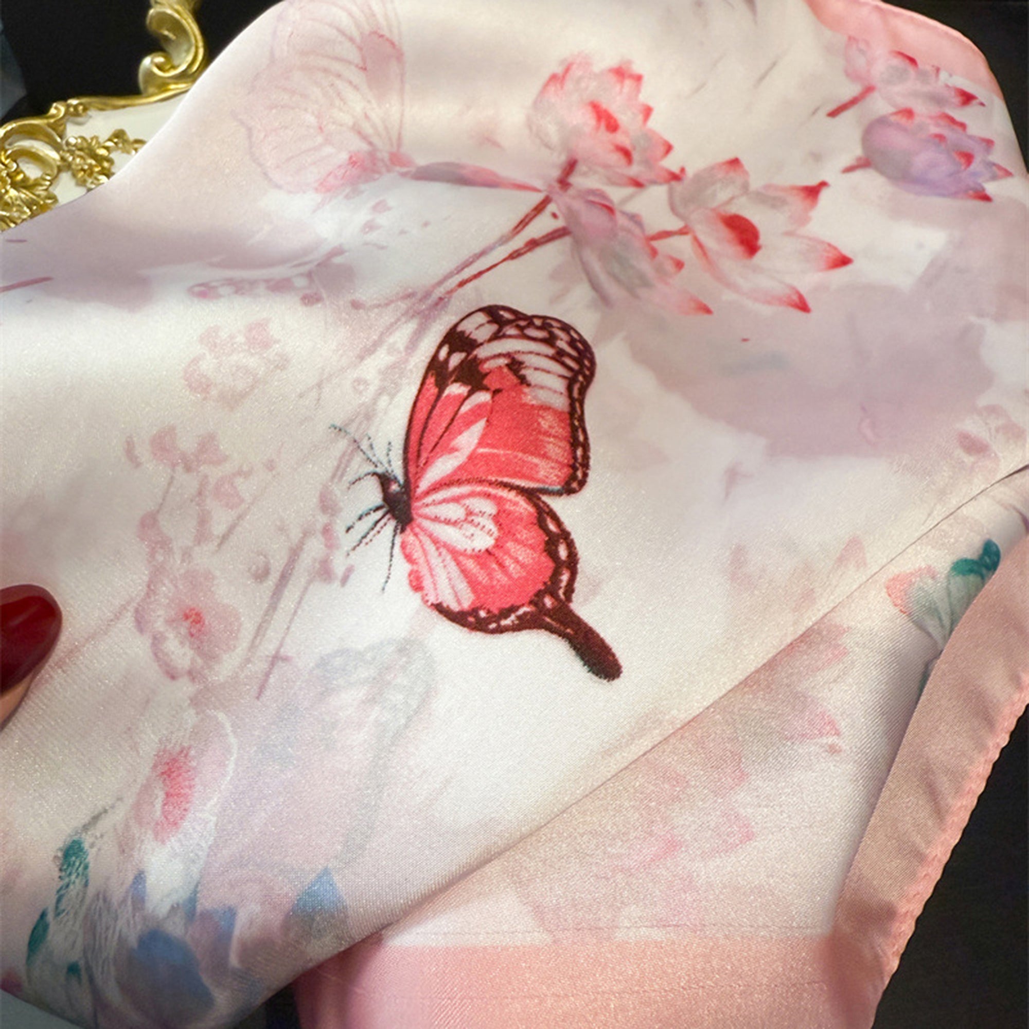 Anna-Kaci Women's Satin Square Scarf with Butterfly and Floral Print Lightweight Silky Neck Head or Bag Accessory