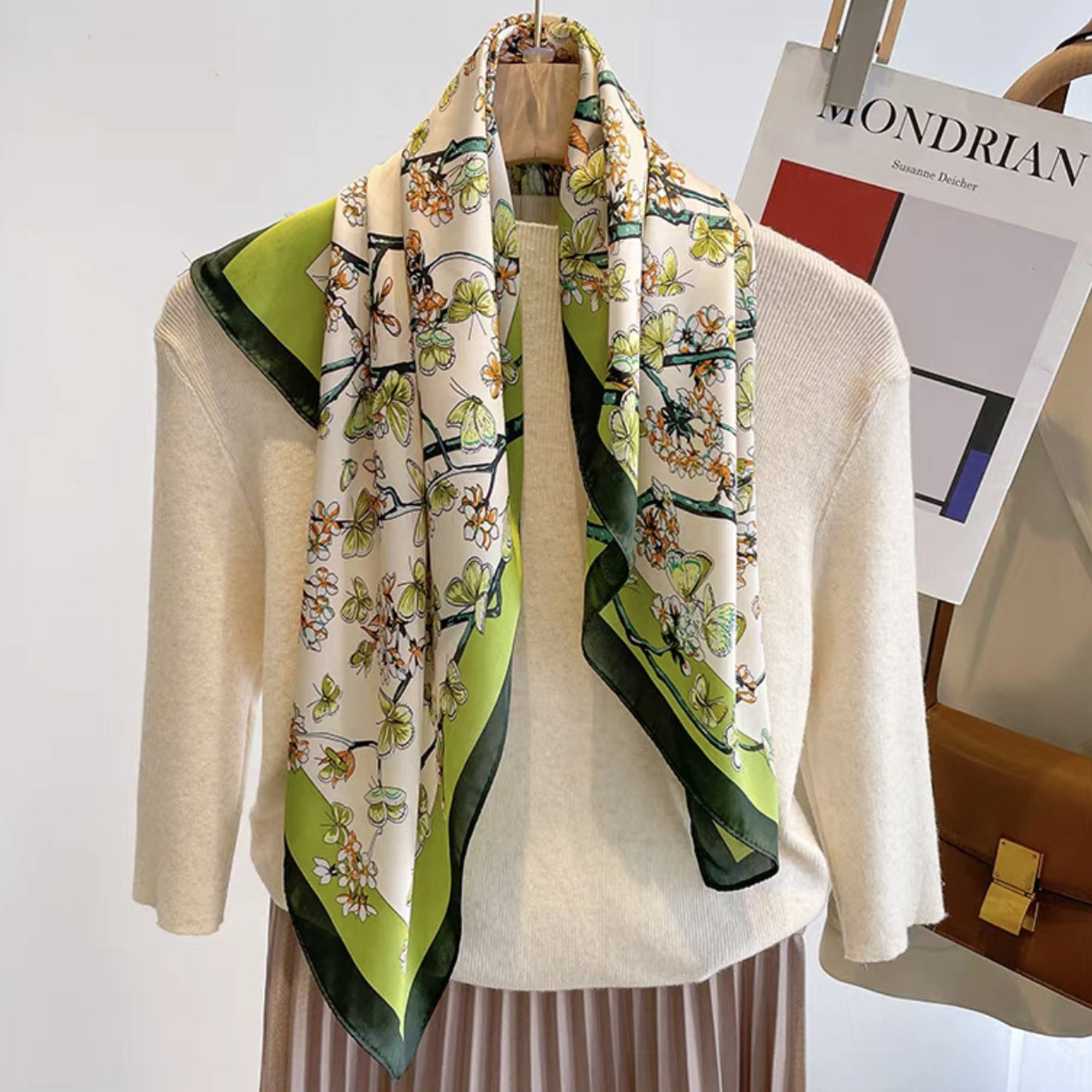 Anna-Kaci Womens Floral Print Square Scarf Lightweight Satin Versatile Styling Fashion Accessory