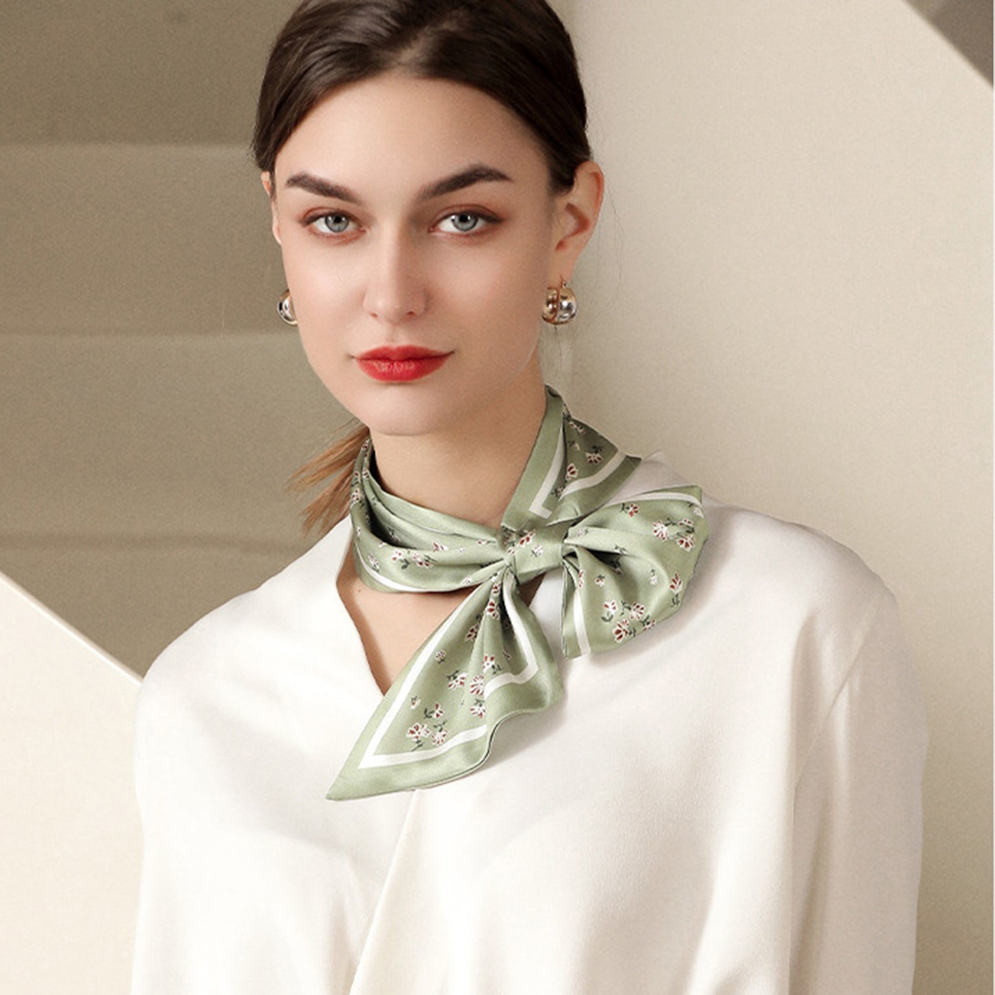 Anna-Kaci Women's Small Floral Print Silky Scarf with Lightweight Soft Fabric Versatile Square Neck and Hair Accessory