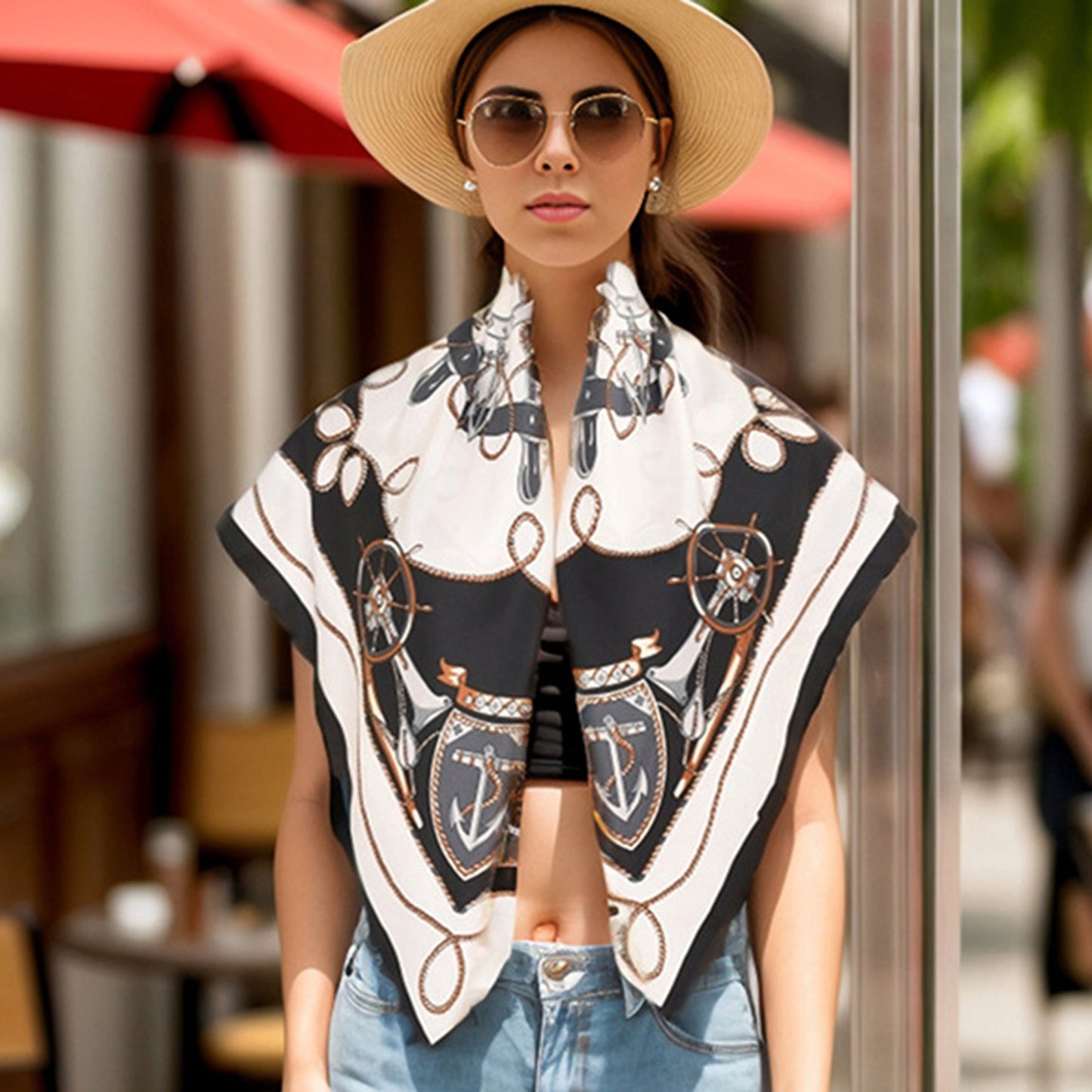 Anna-Kaci Women's Nautical Print Square Scarf with Soft Silky Fabric Lightweight Accessory for Neck Hair and Bag Styling