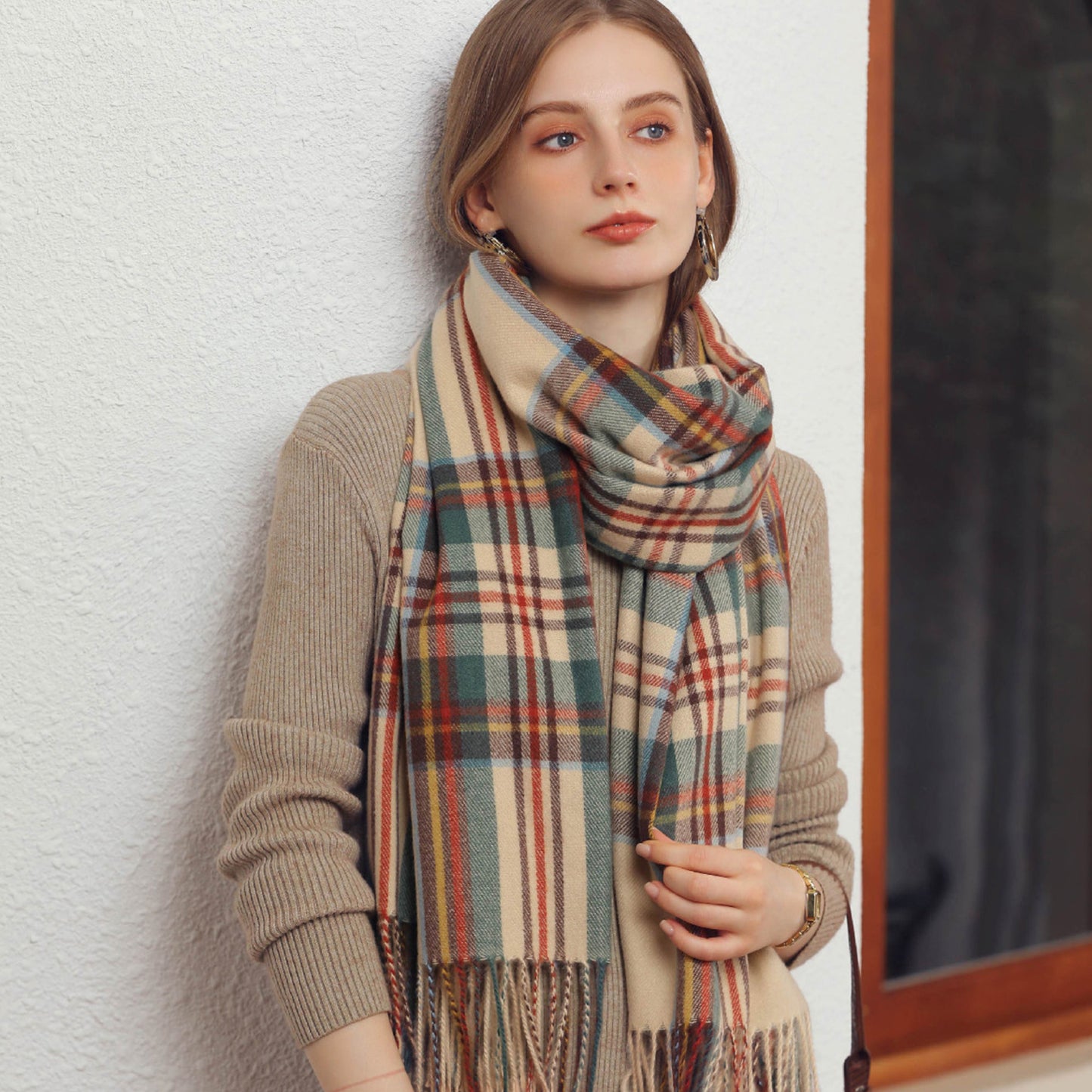 Anna-Kaci Women's Plaid Fringe Scarf with Soft Woven Fabric Classic Check Pattern and Cozy Wrap Design