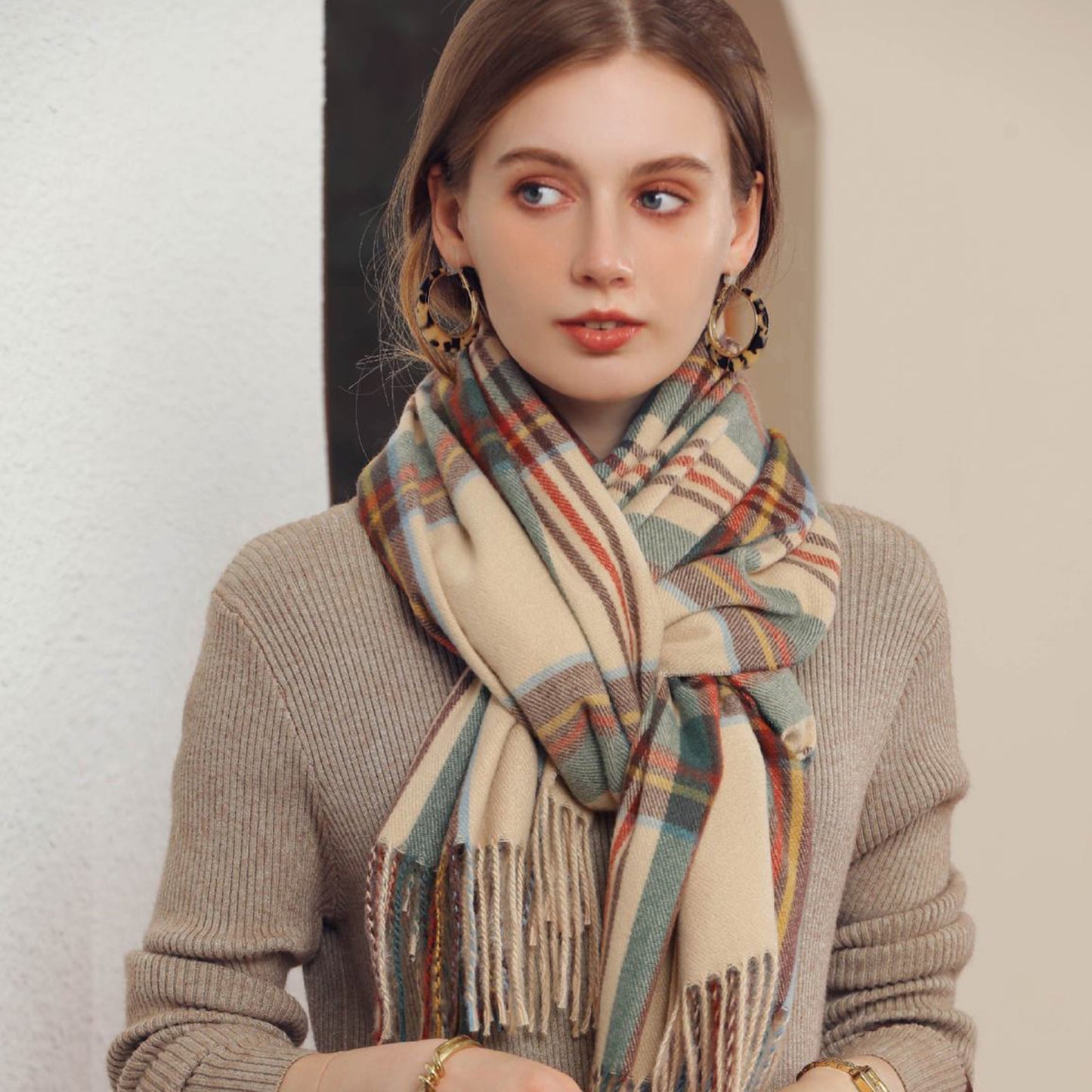Anna-Kaci Women's Plaid Fringe Scarf with Soft Woven Fabric Classic Check Pattern and Cozy Wrap Design