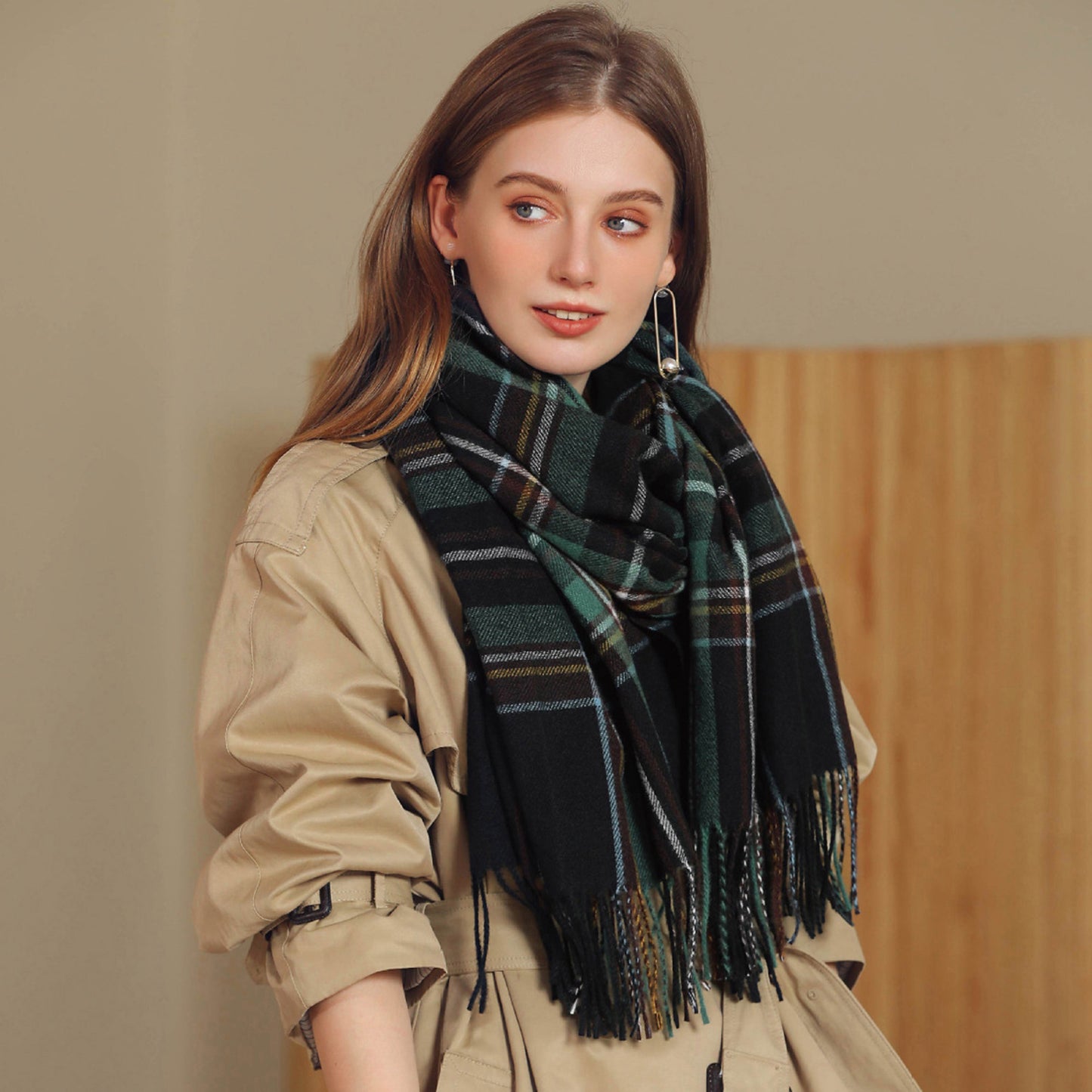 Anna-Kaci Women's Plaid Fringe Scarf with Soft Woven Fabric Classic Check Pattern and Cozy Wrap Design