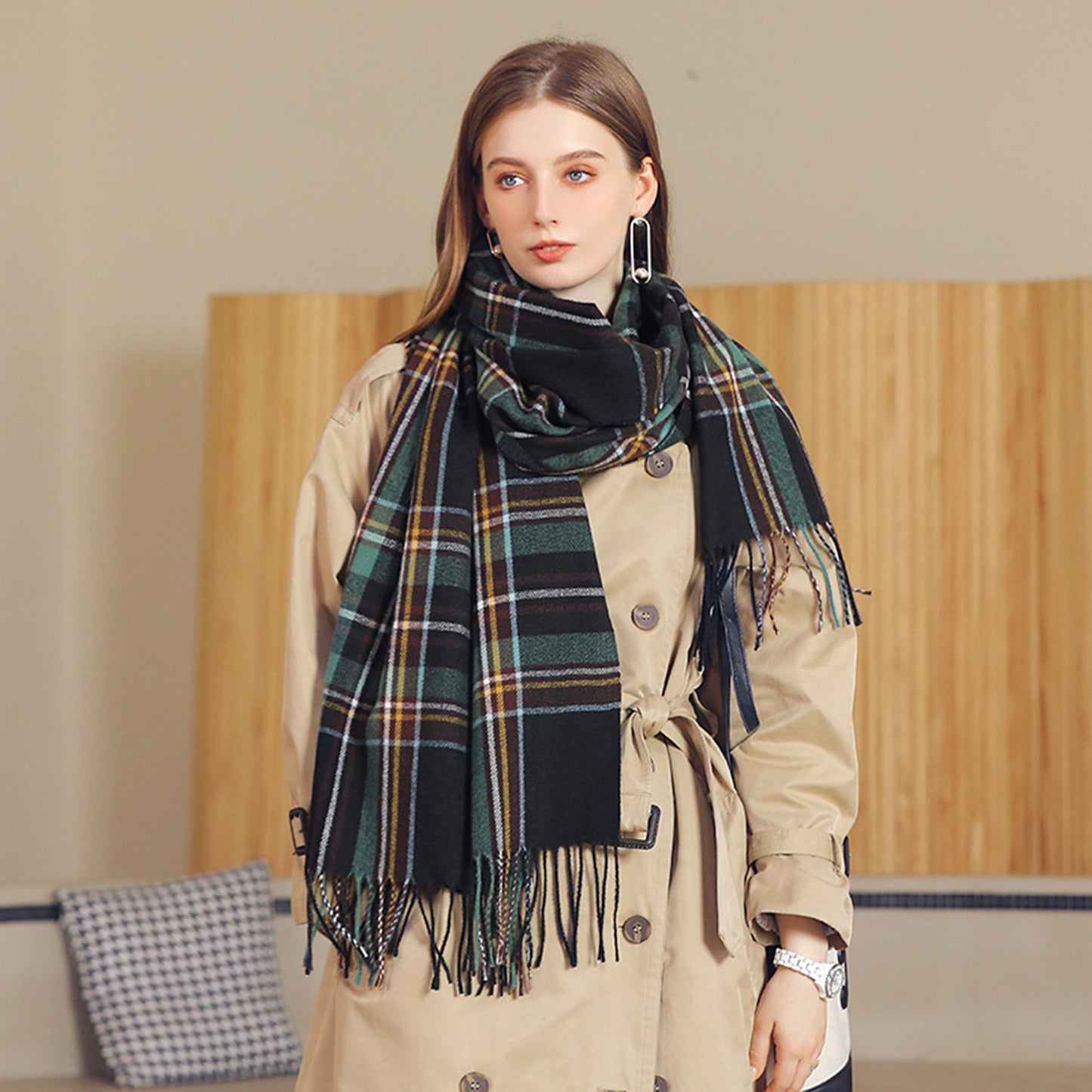 Anna-Kaci Women's Plaid Fringe Scarf with Soft Woven Fabric Classic Check Pattern and Cozy Wrap Design