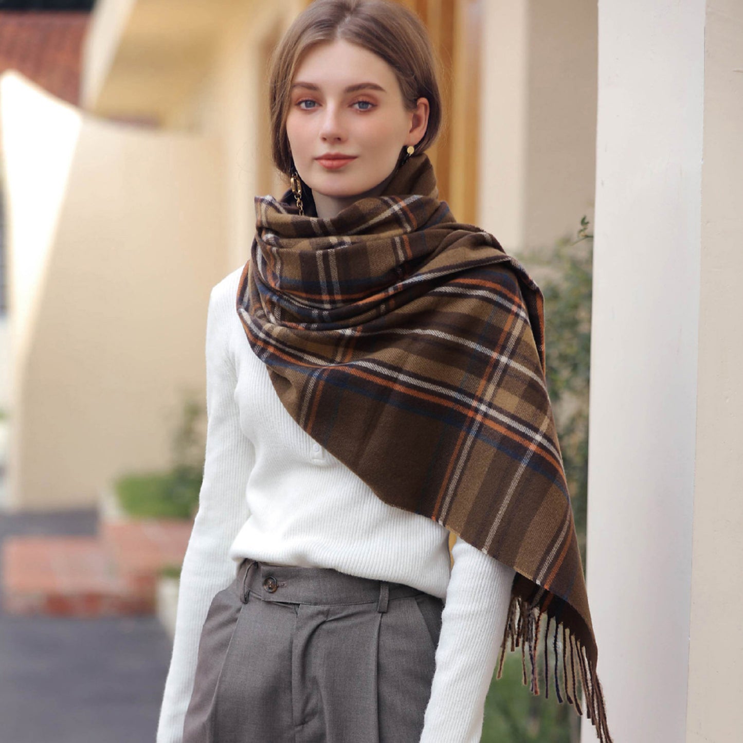Anna-Kaci Women's Plaid Fringe Scarf with Soft Woven Fabric Classic Check Pattern and Cozy Wrap Design