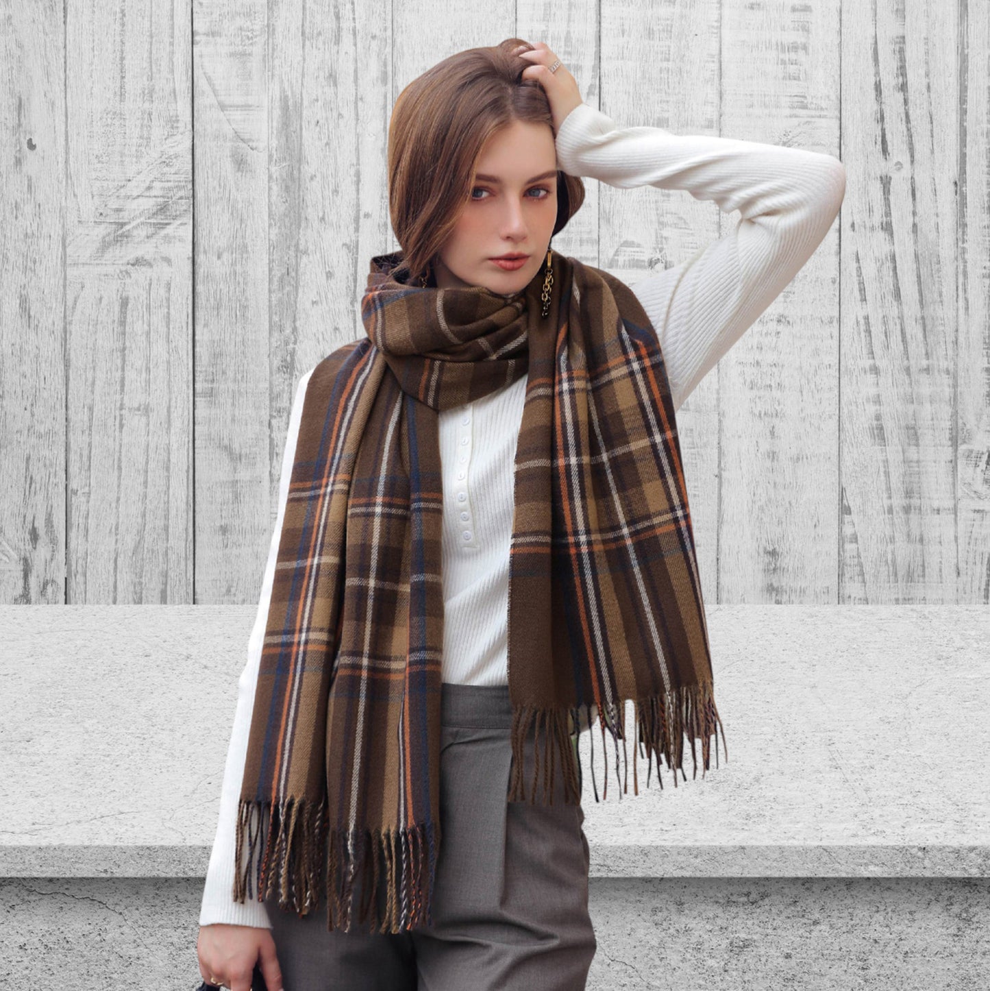 Anna-Kaci Women's Plaid Fringe Scarf with Soft Woven Fabric Classic Check Pattern and Cozy Wrap Design