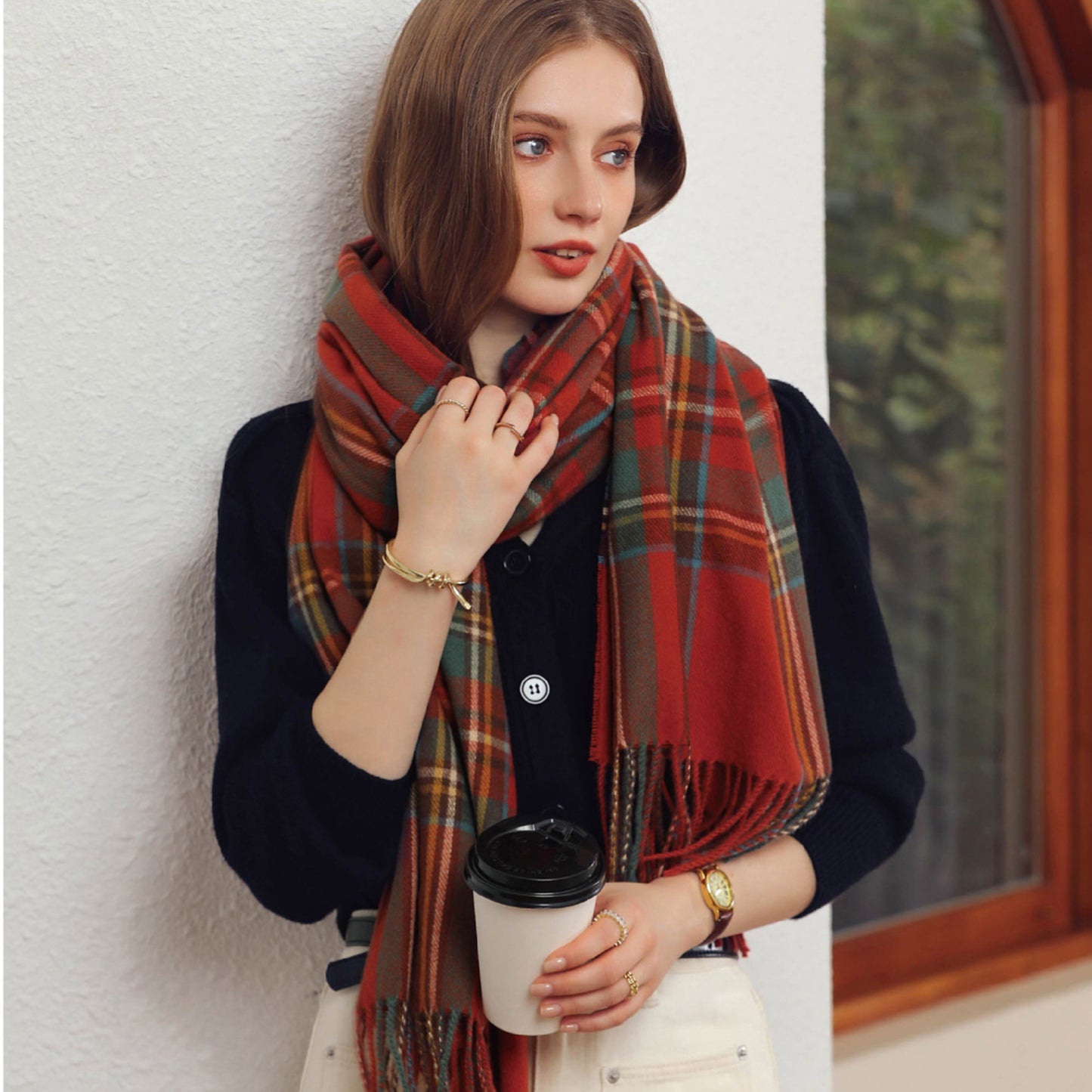 Anna-Kaci Women's Plaid Fringe Scarf with Soft Woven Fabric Classic Check Pattern and Cozy Wrap Design