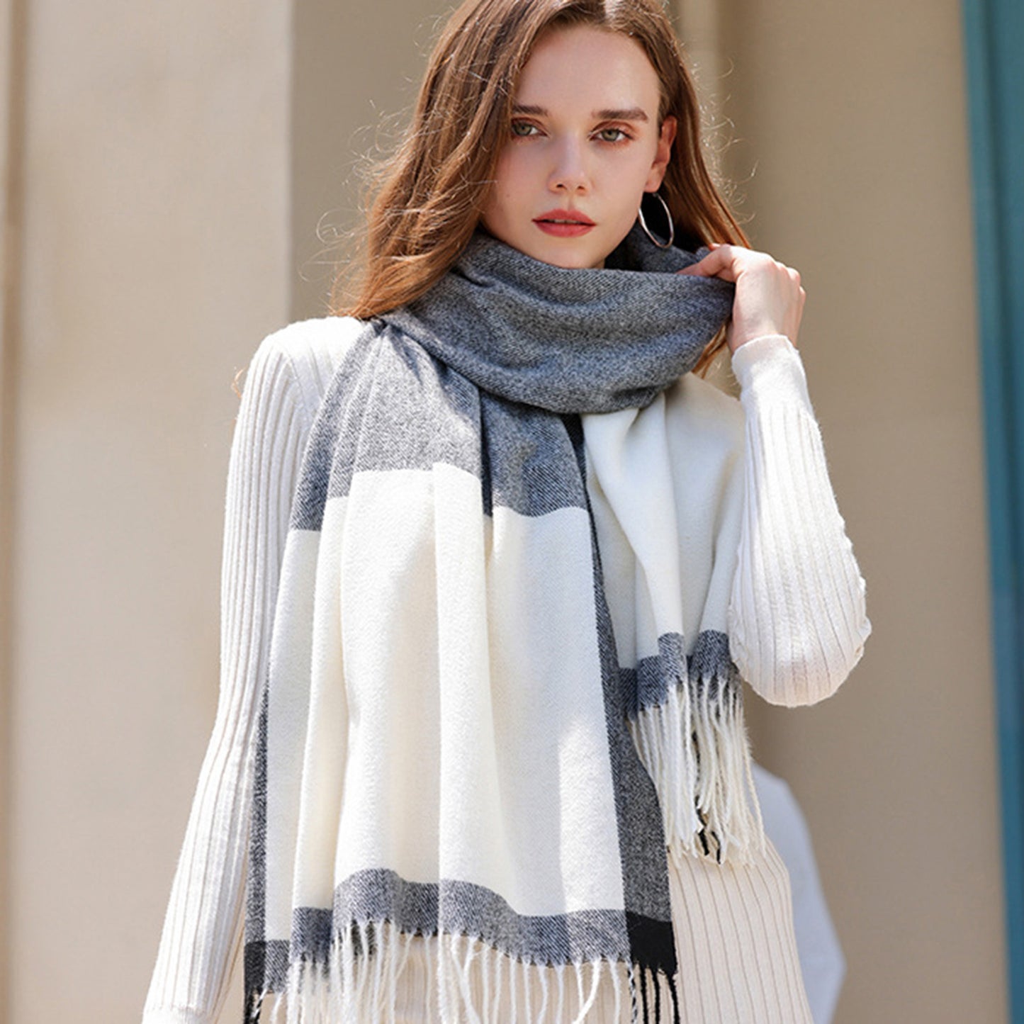Anna-Kaci Women's Striped Woven Scarf with Soft Cozy Fabric Two-Tone Design and Fringe Trim Detailing