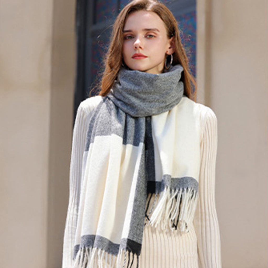 Anna-Kaci Women's Striped Woven Scarf with Soft Cozy Fabric Two-Tone Design and Fringe Trim Detailing
