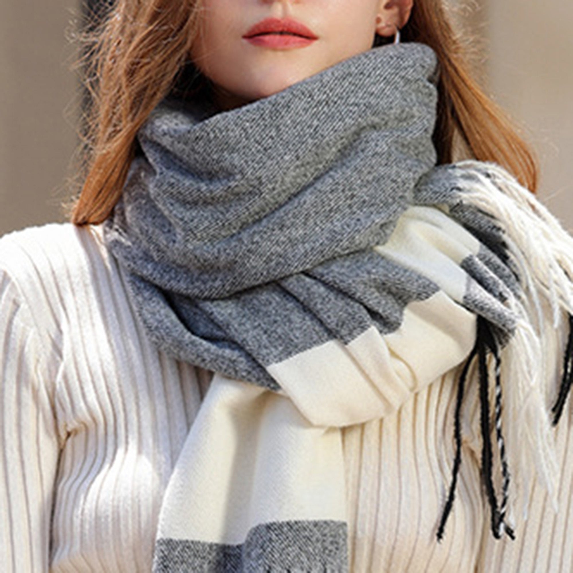 Anna-Kaci Women's Striped Woven Scarf with Soft Cozy Fabric Two-Tone Design and Fringe Trim Detailing