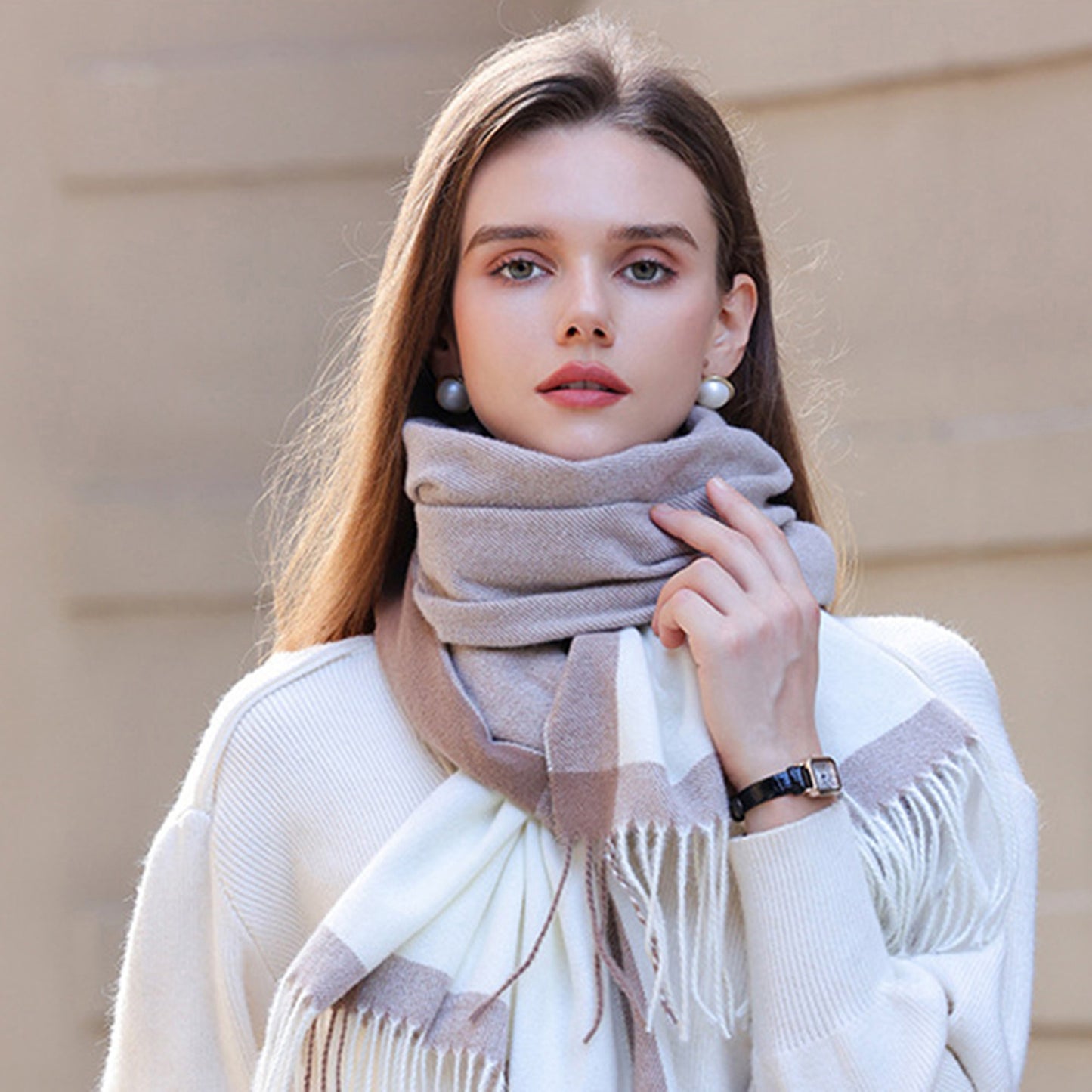 Anna-Kaci Women's Striped Woven Scarf with Soft Cozy Fabric Two-Tone Design and Fringe Trim Detailing