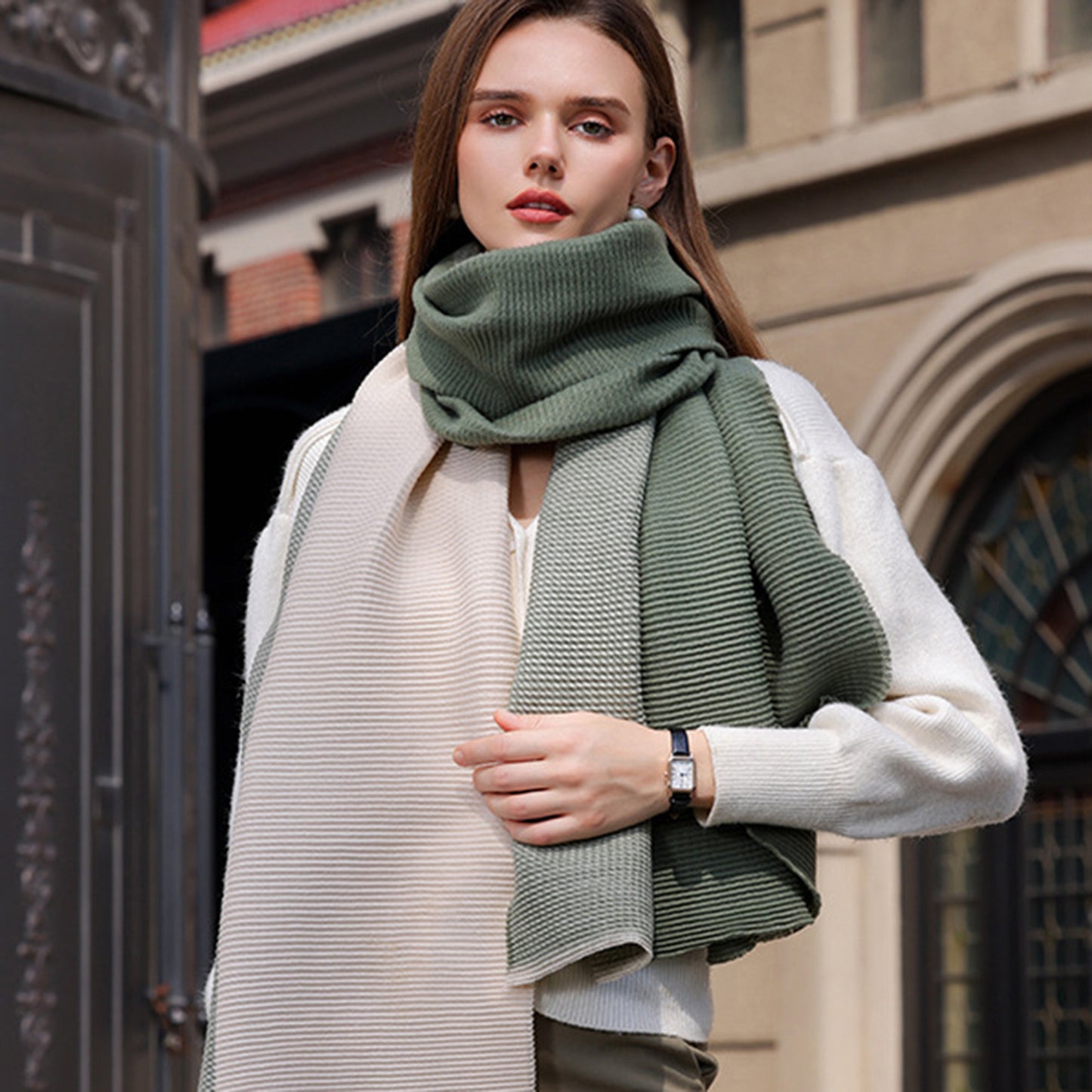 Anna-Kaci Women's Color Block Woven Scarf with Soft Cozy Fabric Modern Neutral Tones and Textured Design