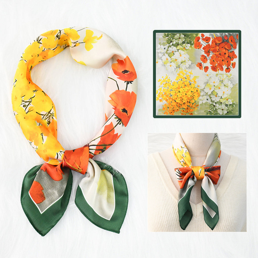 Anna-Kaci Womens Floral Print Satin Square Neck Scarf Lightweight Soft Fashion Accessory