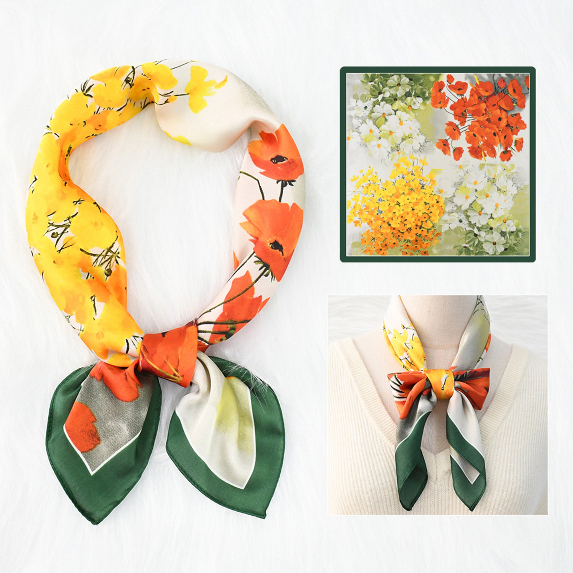 Anna-Kaci Womens Floral Print Satin Square Neck Scarf Lightweight Soft Fashion Accessory