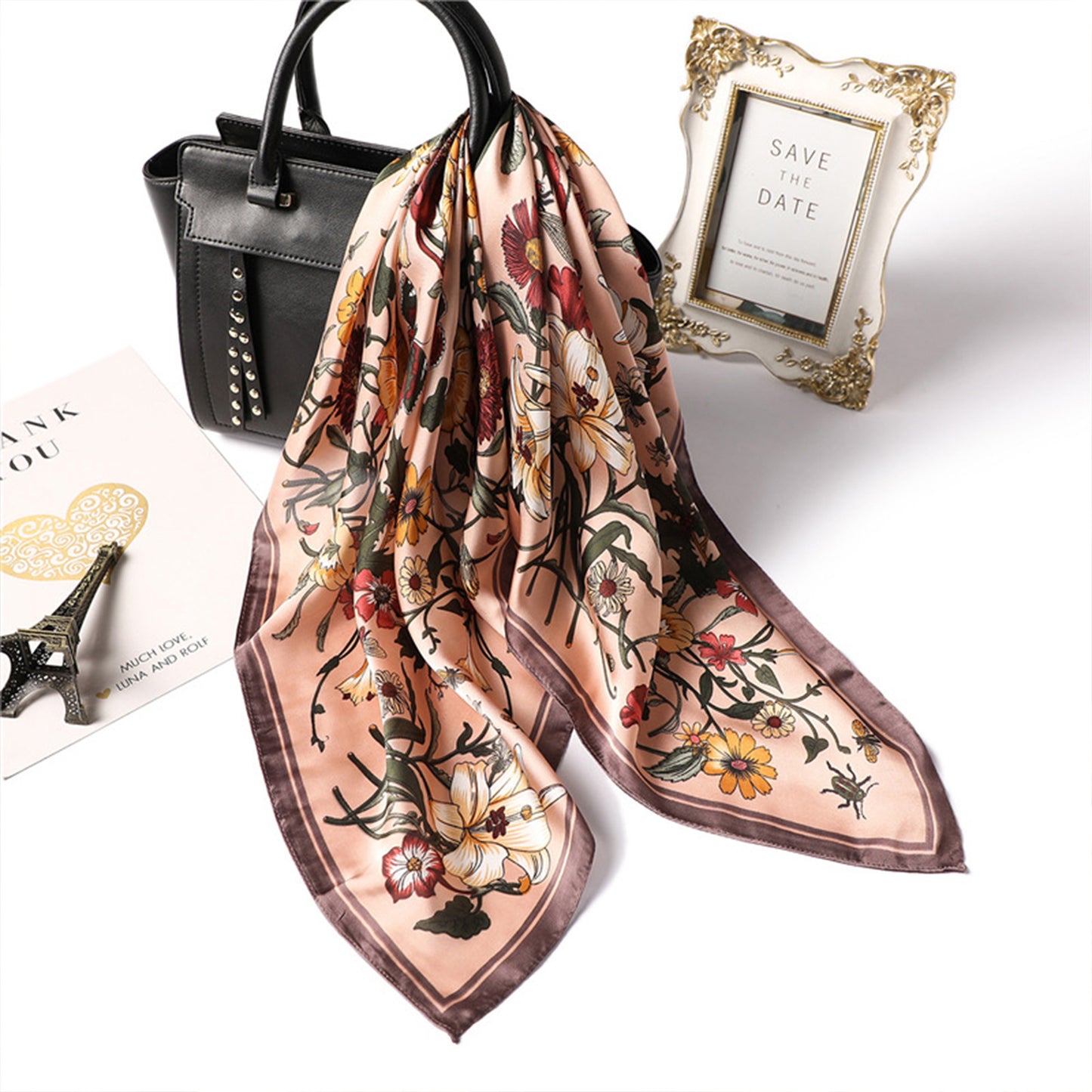 Anna-Kaci Women's Satin Floral Print Square Scarf with Elegant Vintage Inspired Design - 27.5IN¡Á27.5IN