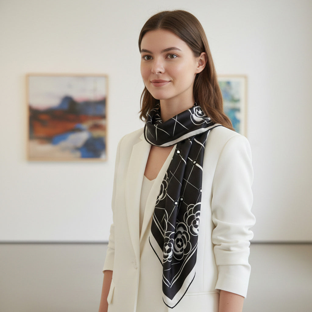 Anna-Kaci Oversized Square Scarf Geometric Line Floral Border Lightweight Versatile Fashion Accessory