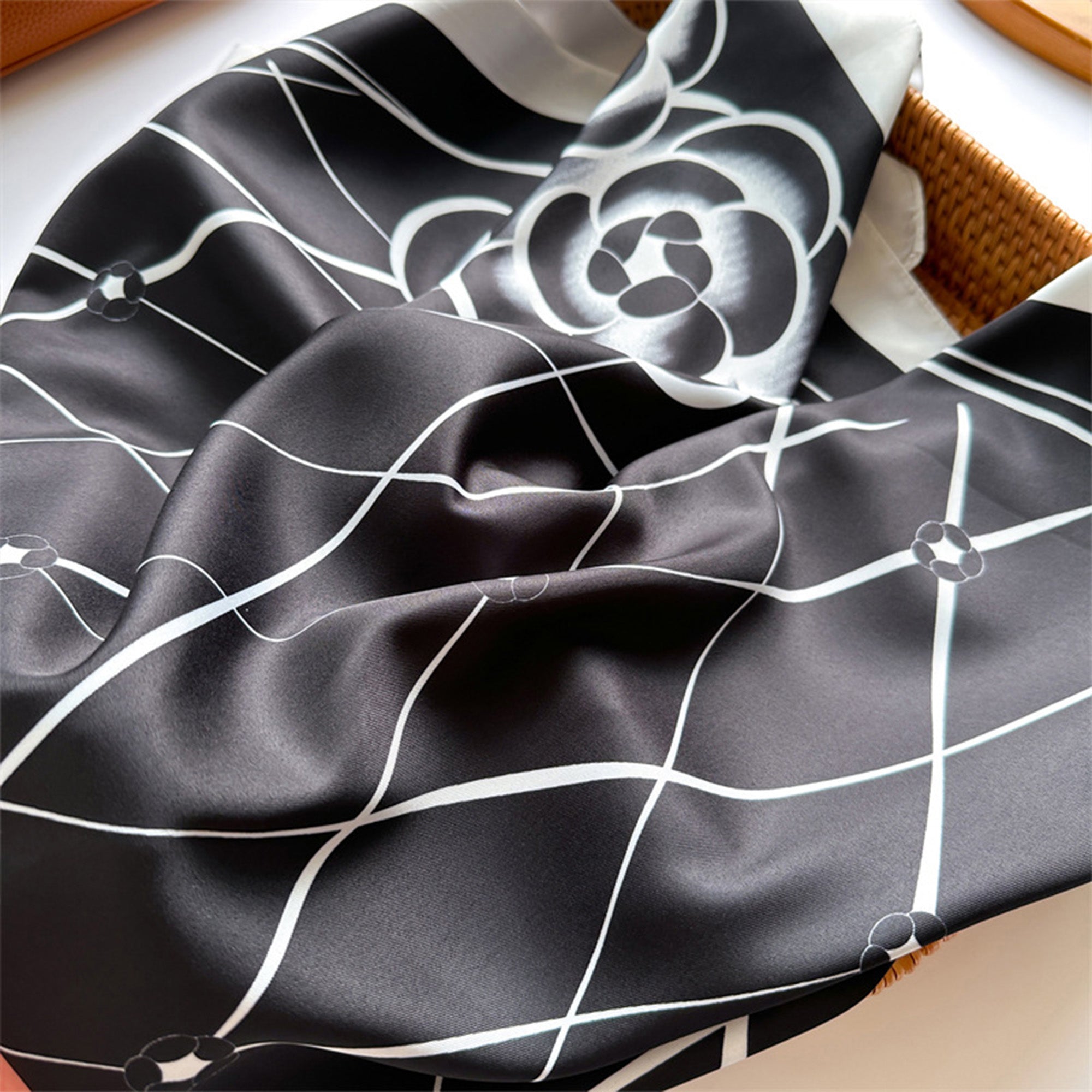 Anna-Kaci Oversized Square Scarf Geometric Line Floral Border Lightweight Versatile Fashion Accessory