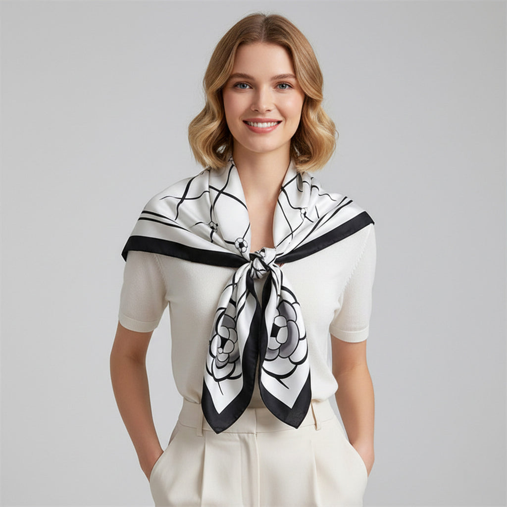 Anna-Kaci Oversized Square Scarf Geometric Line Floral Border Lightweight Versatile Fashion Accessory
