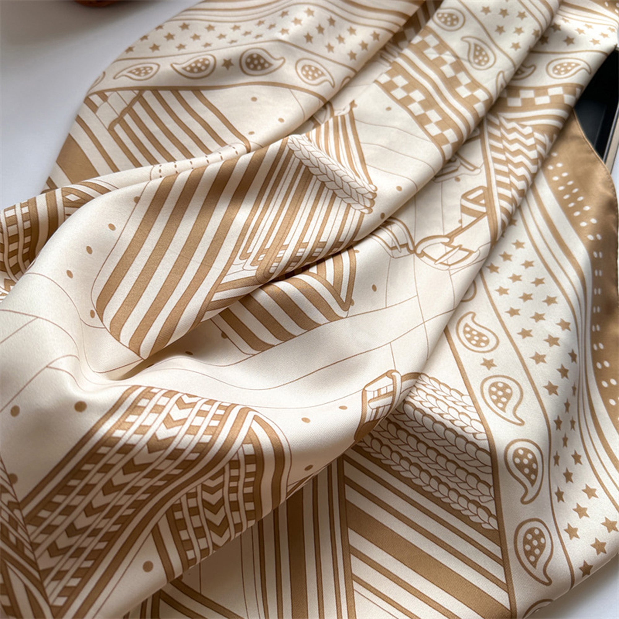 Anna-Kaci Womens Satin Square Scarf with Graphic Border Print Lightweight Smooth Finish