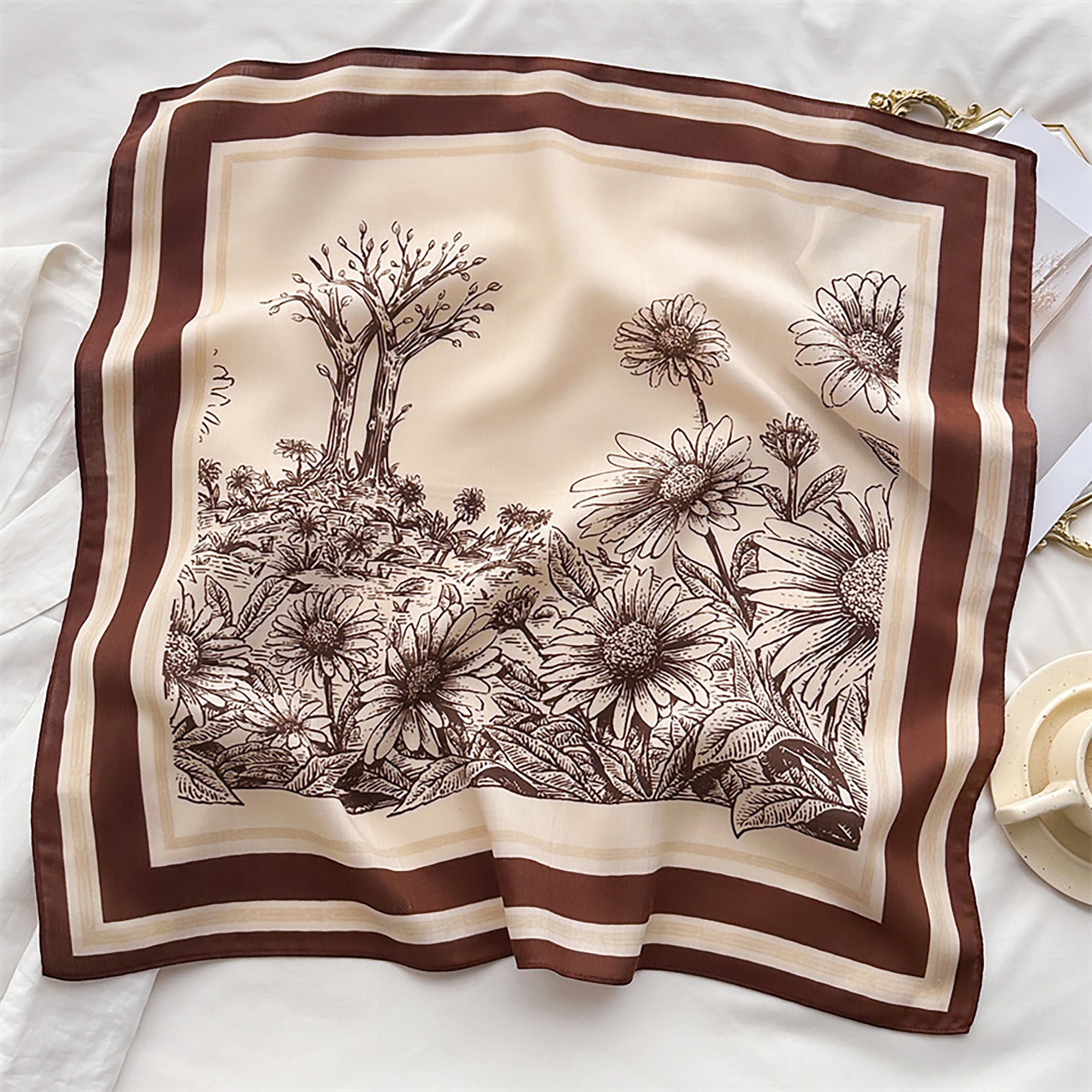 Anna-Kaci Women's Floral Print Square Scarf with Striped Border 26.7¡Á26.7 inches