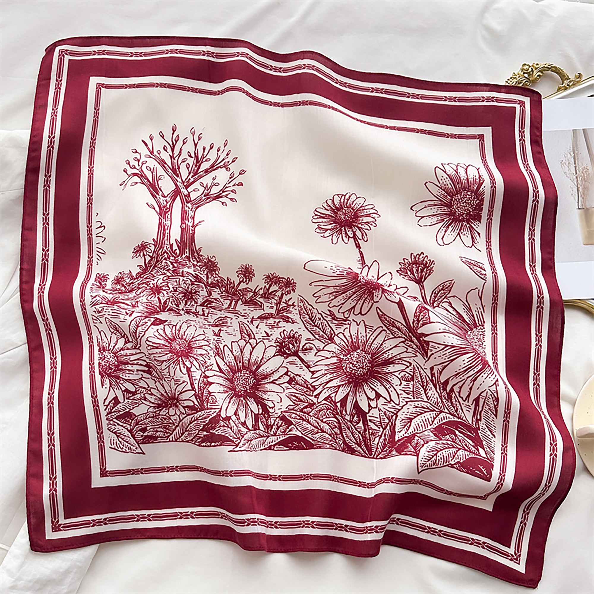 Anna-Kaci Women's Floral Print Square Scarf with Striped Border 26.7¡Á26.7 inches