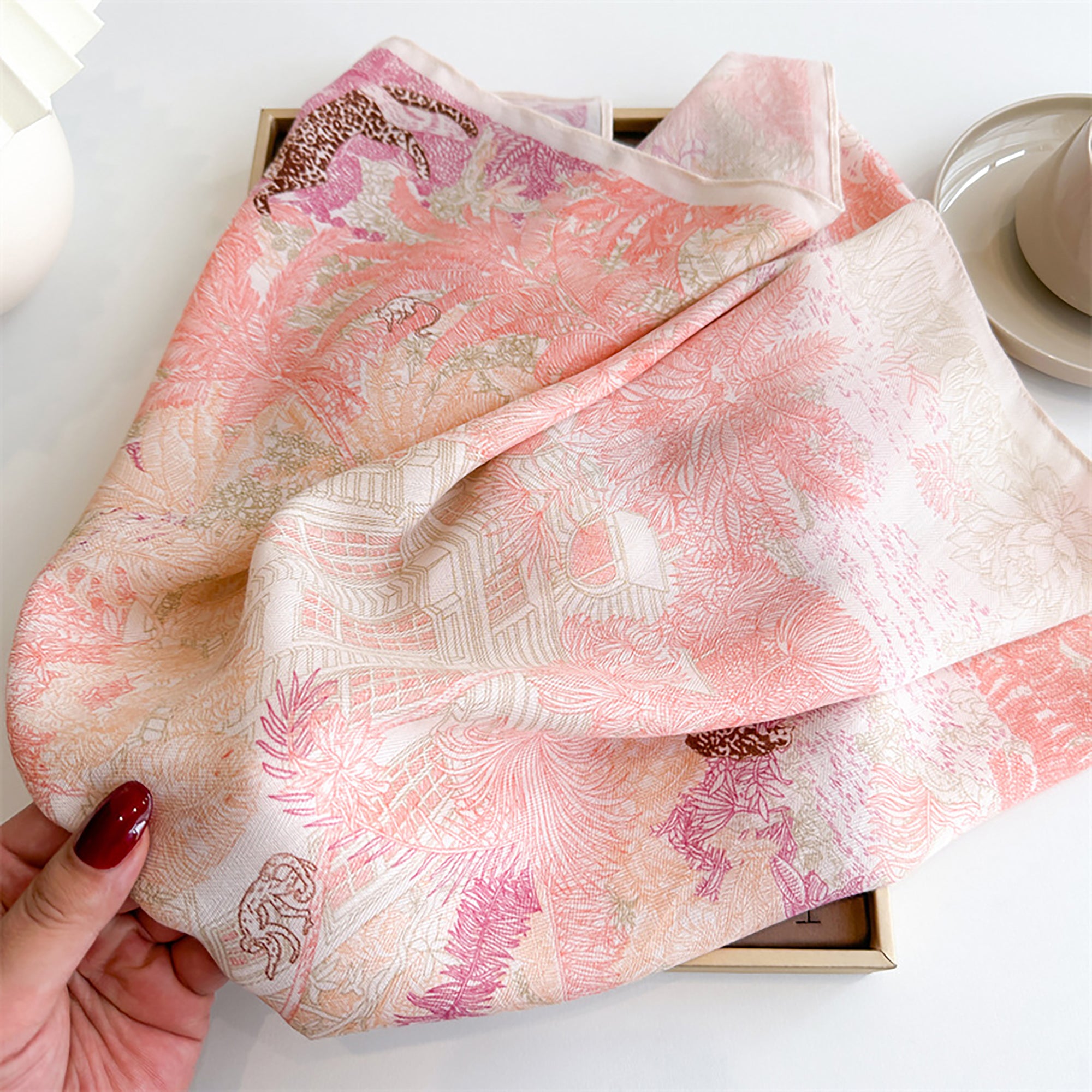 Anna-Kaci Womens Lightweight Square Satin Scarf with Botanical Inspired Print Soft Draped Finish