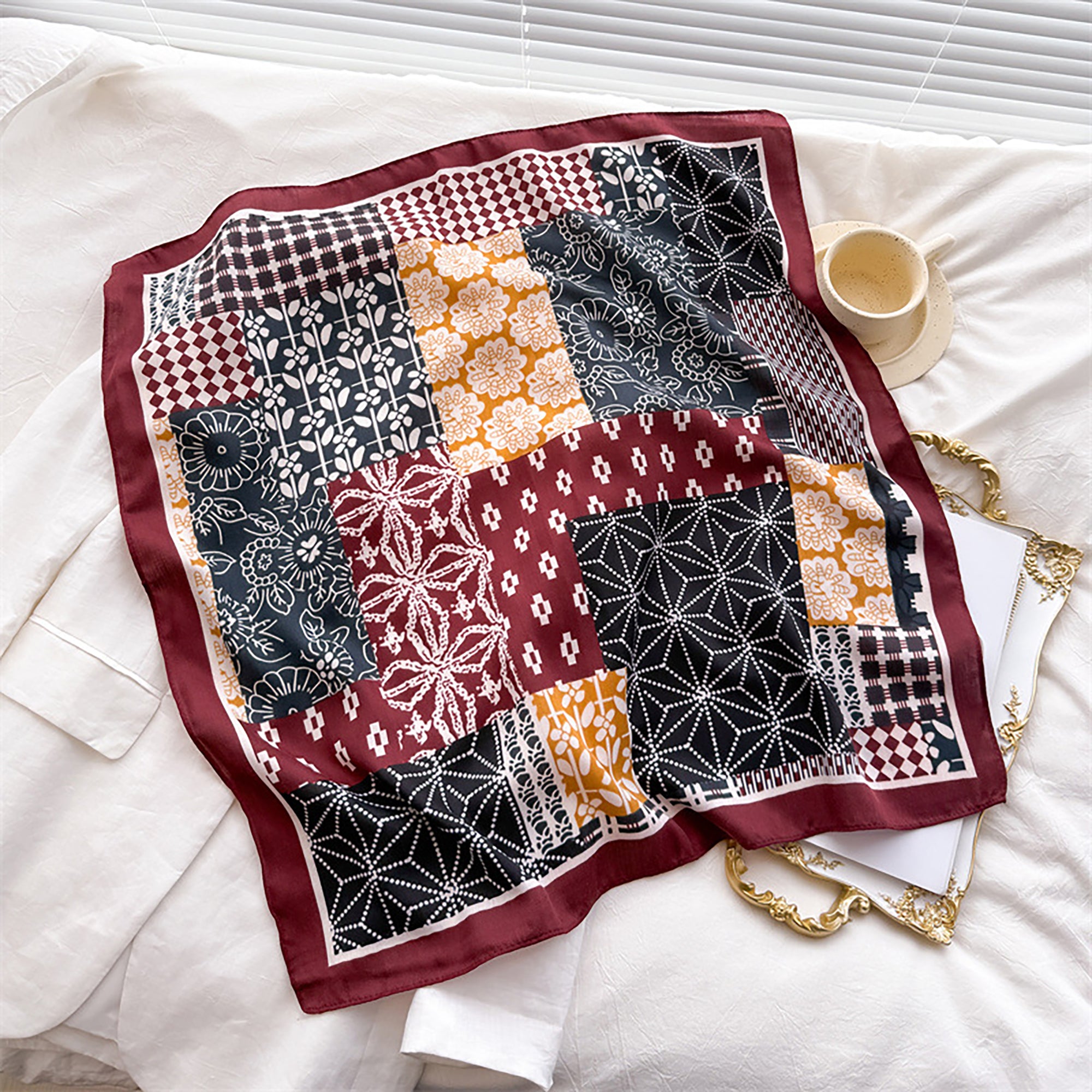 Anna-Kaci Women's Patchwork Geometric Print Cotton-Linen Feel Square Scarf 26.7¡Á26.7 Inches
