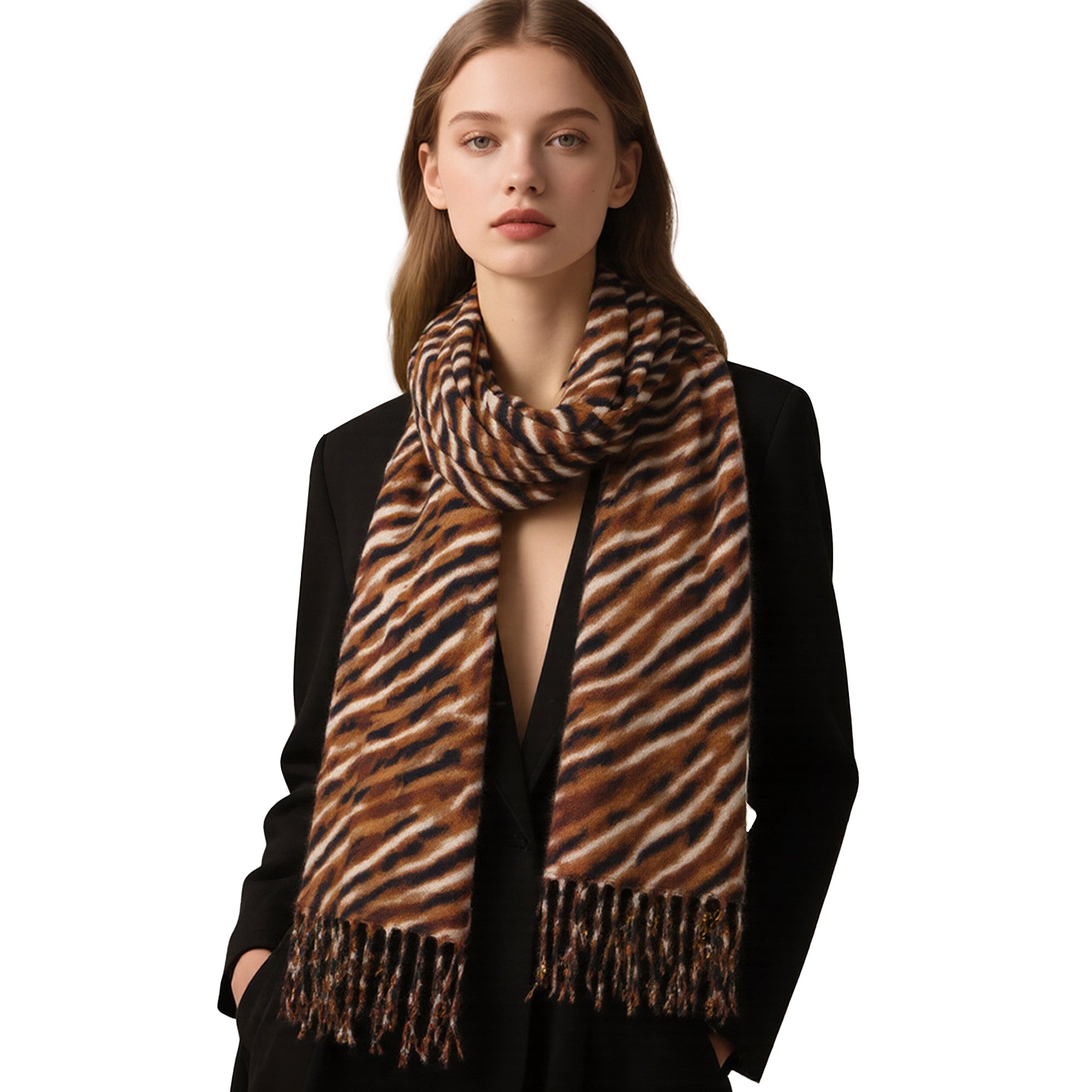 Anna-Kaci Women's Zebra Pattern Soft Brushed Scarf with Fringe Tassel Ends 70.5¡Á27.5 Inches