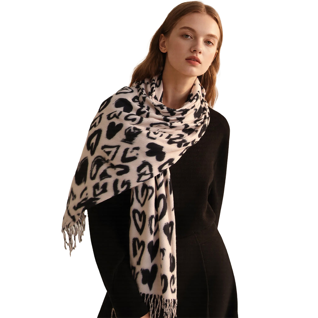Anna-Kaci Women's Soft Heart Pattern Brushed Scarf with Fringe Tassel Ends 70.5¡Á27.5 Inches