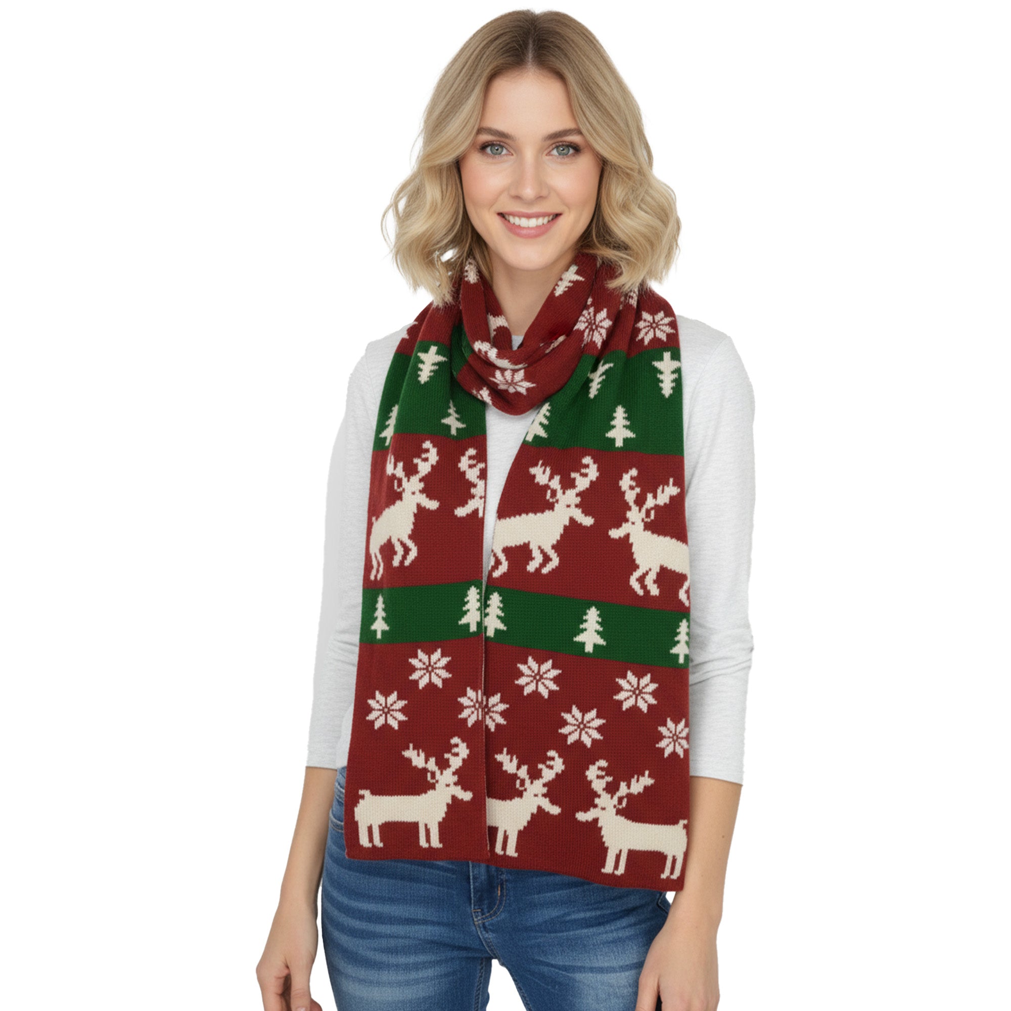 Anna-Kaci Women's Knitted Winter Scarf with Reindeer and Snowflake Holiday Pattern 66¡Á12 Inches