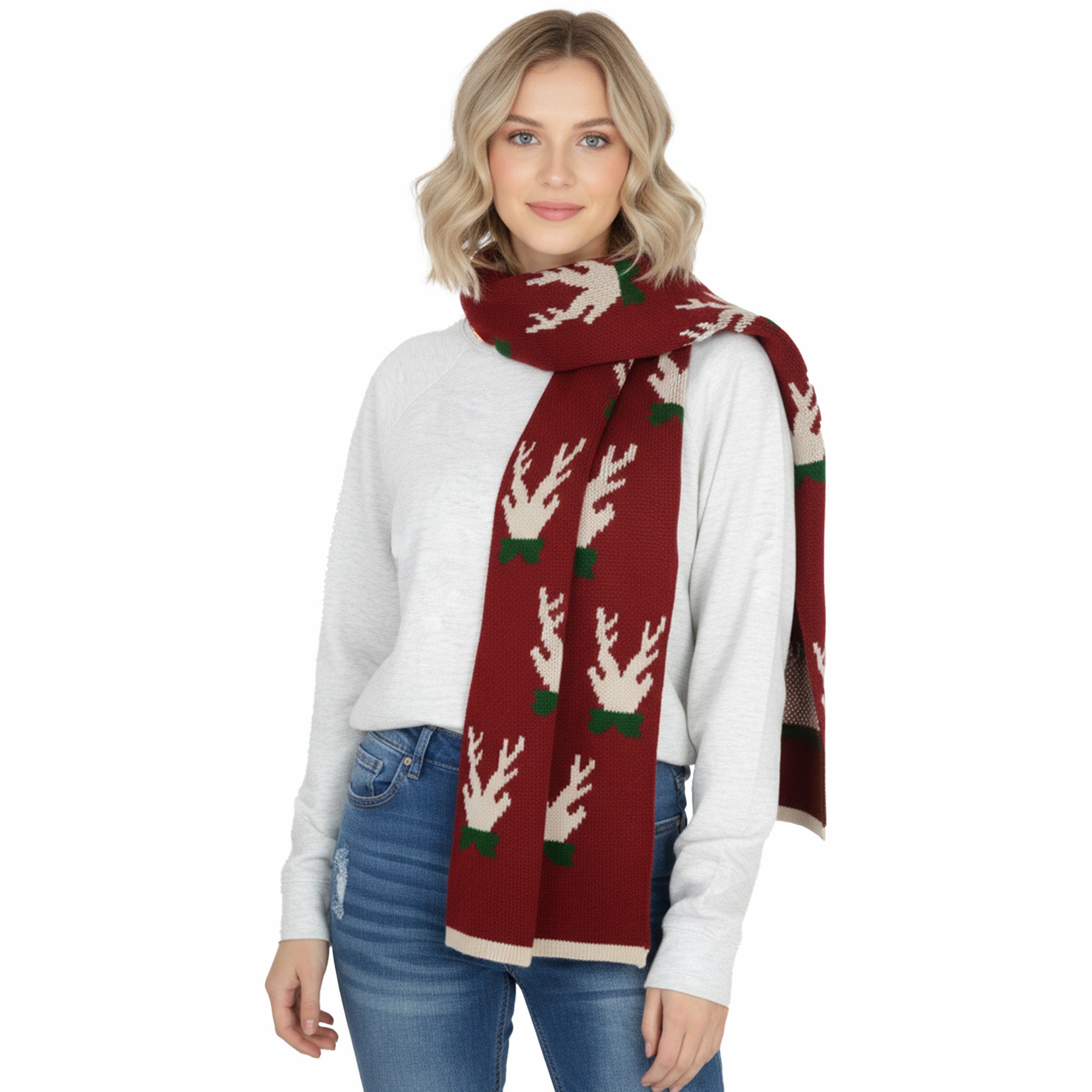 Anna-Kaci Women's Knitted Winter Scarf with Reindeer and Snowflake Holiday Pattern 66¡Á12 Inches