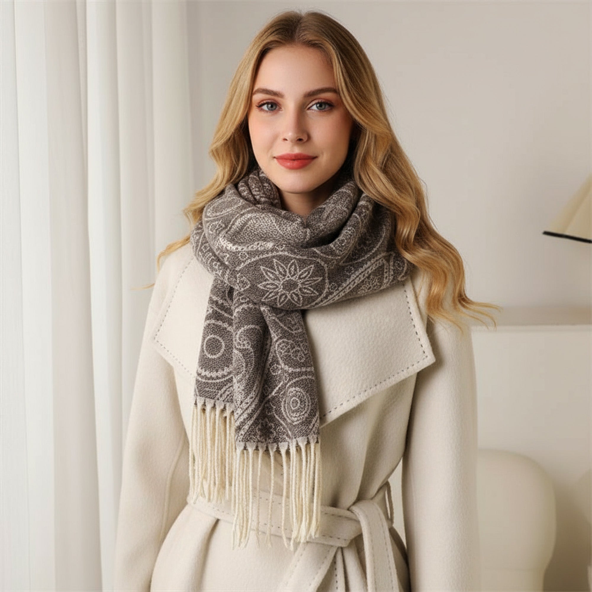 Anna-Kaci Women's Jacquard Knit Scarf with Tassel Fringe and Bohemian Floral Pattern 78.5¡Á26 Inches