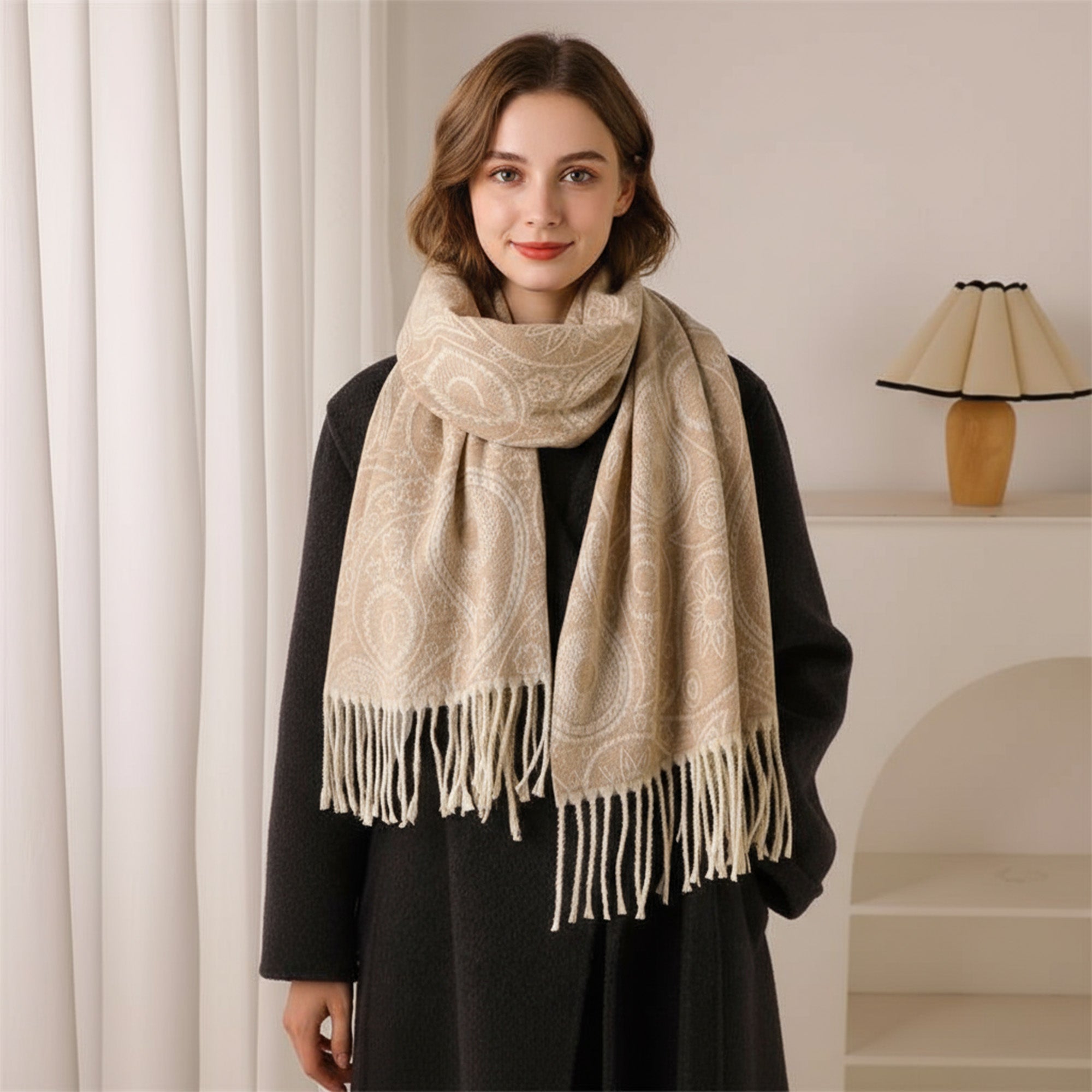 Anna-Kaci Women's Jacquard Knit Scarf with Tassel Fringe and Bohemian Floral Pattern 78.5¡Á26 Inches