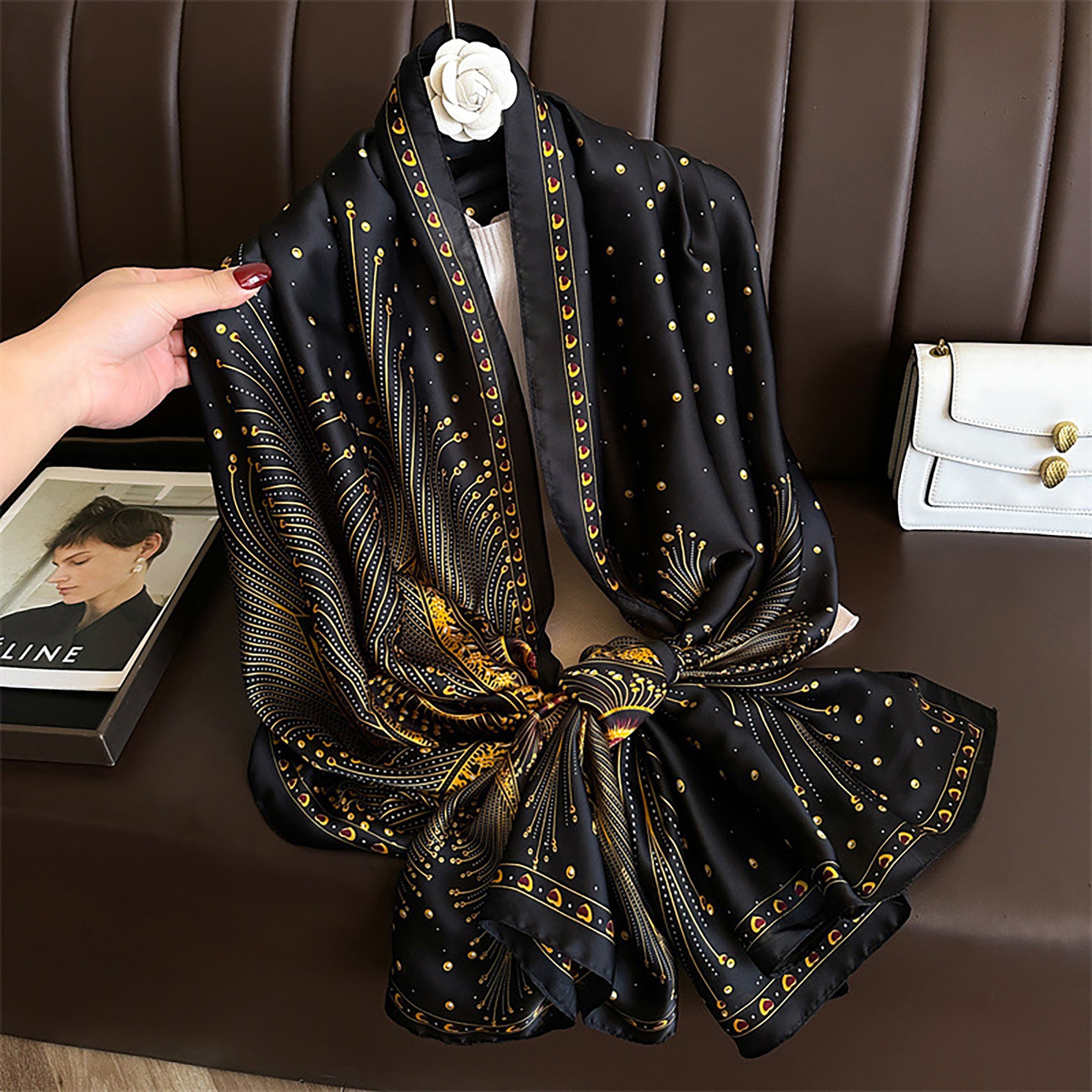 Anna-Kaci Women's Long Satin Scarf with Gold Peacock Feather Print 70.8¡Á31.5 Inches