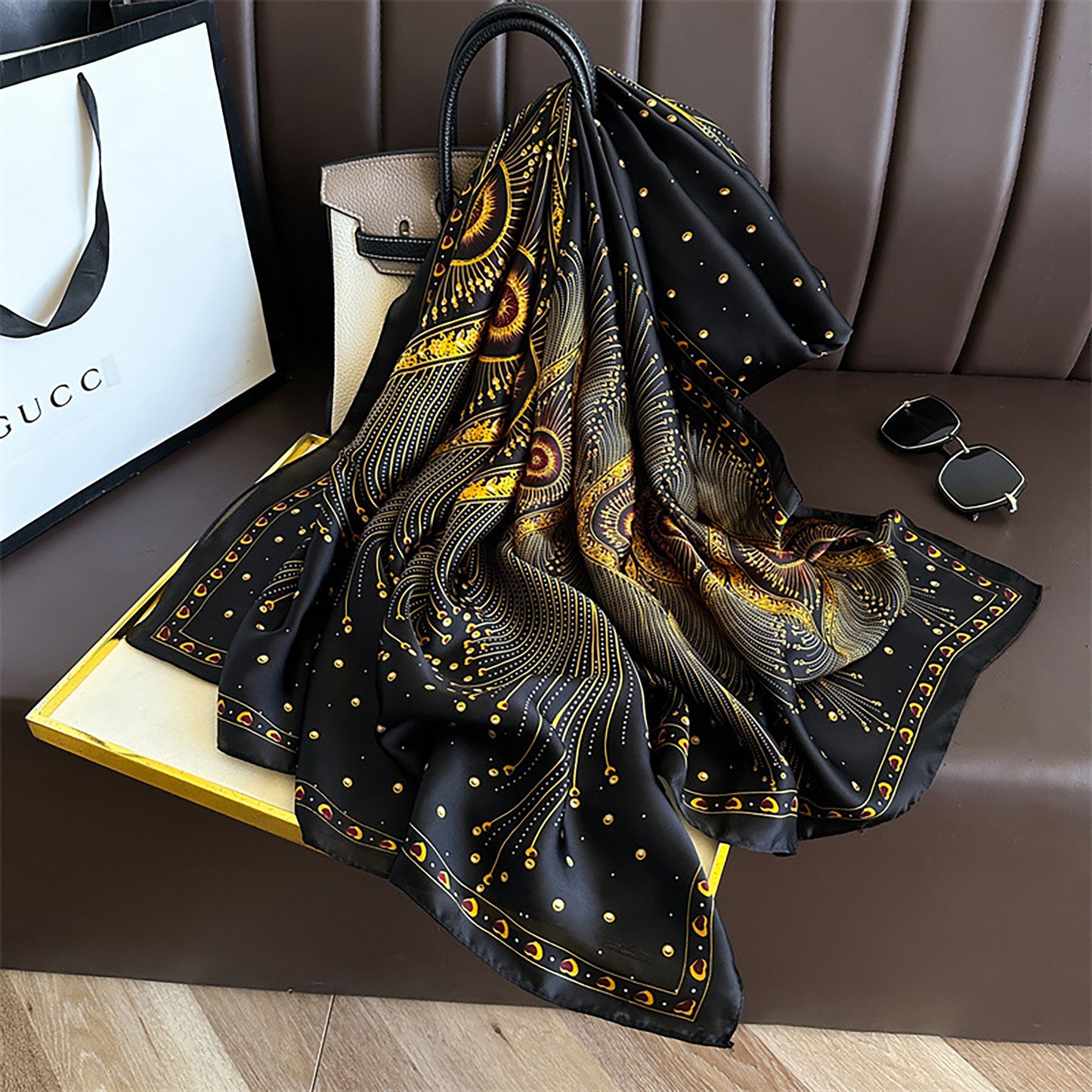 Anna-Kaci Women's Long Satin Scarf with Gold Peacock Feather Print 70.8¡Á31.5 Inches