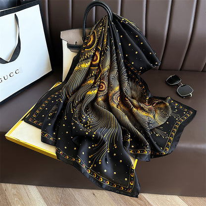 Anna-Kaci Women's Long Satin Scarf with Gold Peacock Feather Print 70.8¡Á31.5 Inches