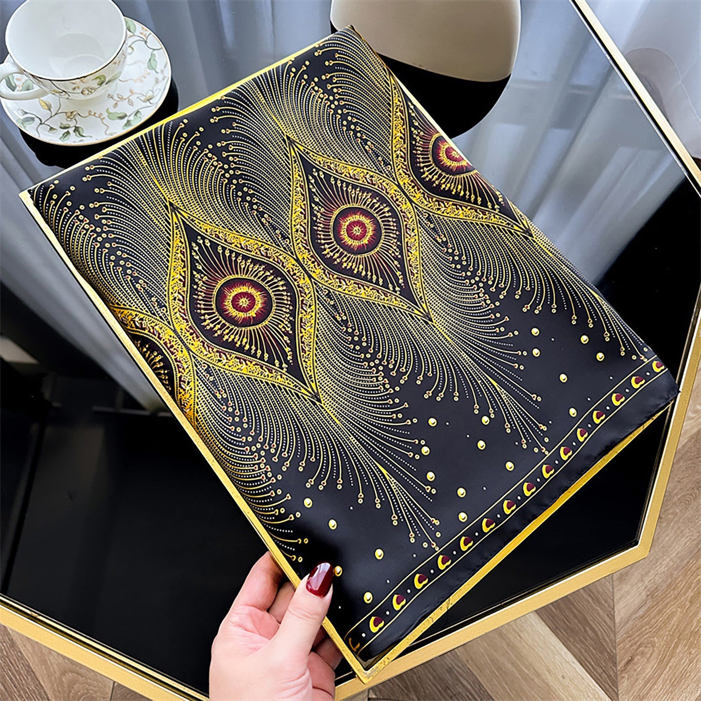 Anna-Kaci Women's Long Satin Scarf with Gold Peacock Feather Print 70.8¡Á31.5 Inches