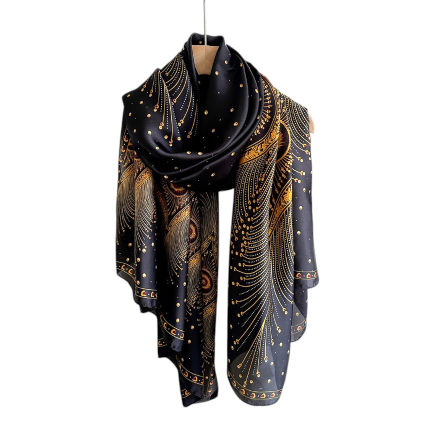 Anna-Kaci Women's Long Satin Scarf with Gold Peacock Feather Print 70.8¡Á31.5 Inches