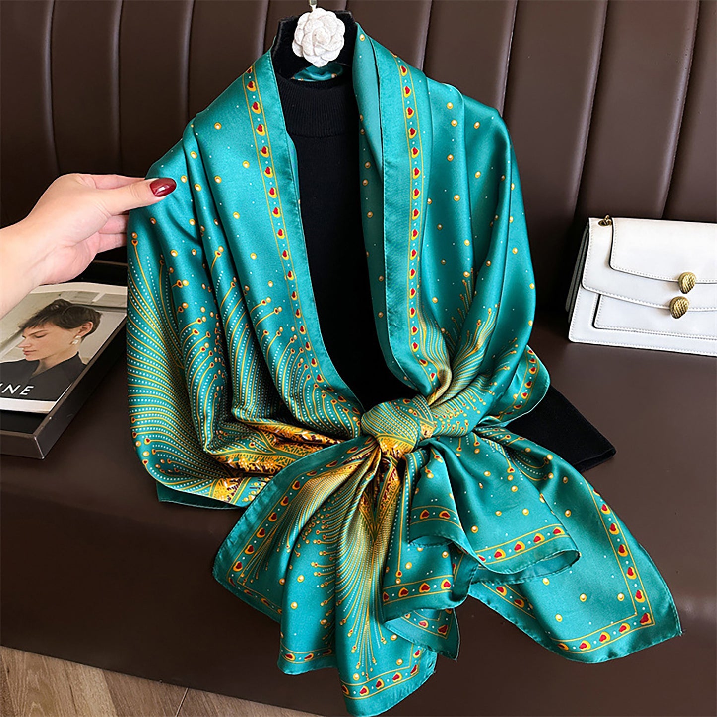 Anna-Kaci Women's Long Satin Scarf with Gold Peacock Feather Print 70.8¡Á31.5 Inches